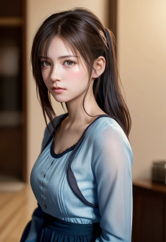 8K, of the highest quality, masutepiece:1.2), (Realistic, Photorealsitic:1.37), of the highest quality, masutepiece, Beautiful young woman, Pensive expression, Thoughtful look, Cute maid clothes, Hair tied back, Messy mood, Cinematic background, Tired, Light skin tone