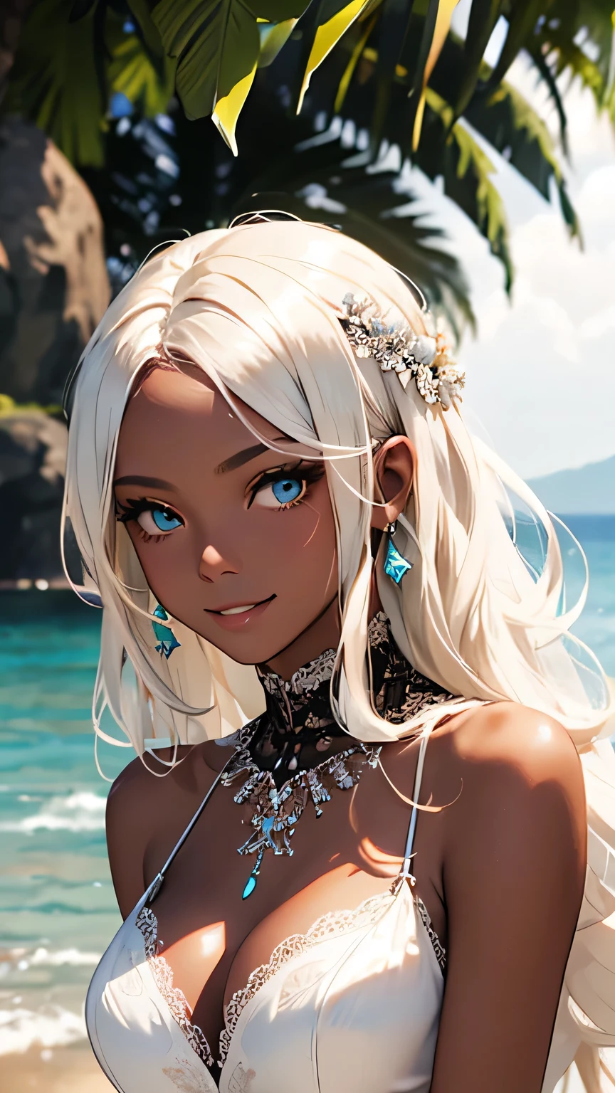 highest quality、Realistic、girl、zoom、Turquoise eyes、Platinum Blonde Hair、Long Curly Hair、Wedding dress、Bridal Lingerie、Tanned black body、Brown black skin、slender、Dark Skin、Large Breasts、smile、Summer Sea、Bust Shot、