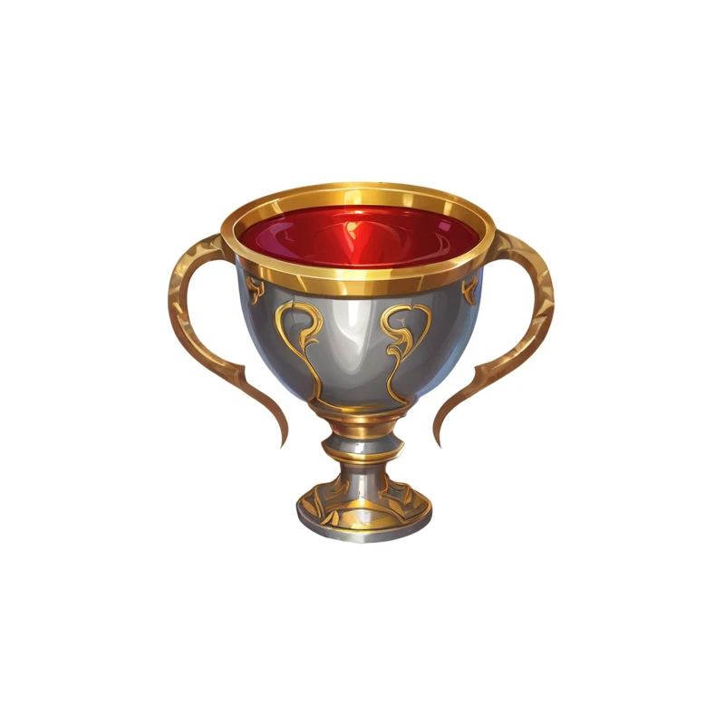 There is a silver and gold cup，There is a red liquid inside,With golden patterns，hero prop, Game Icon,Hand-drawn