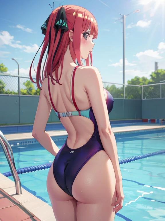 best quality, insanely detailed, nino nakano, one piece swimsuit, breasts, blush, swimming pool background, back style