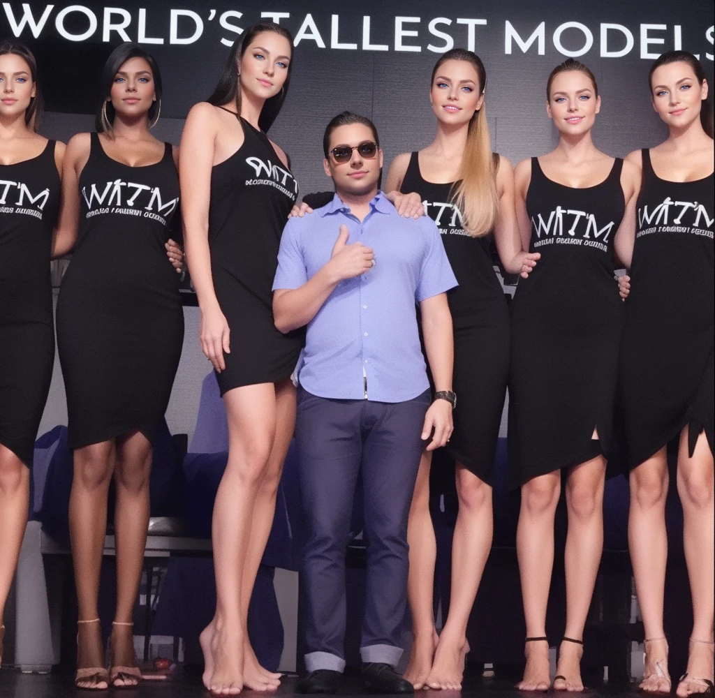 Enhance the image, give it more detail and shading, Three tall girls on the eft, three tall girls in the right, short man in the middle, the girls are much taller than the man, girls have big and cleavage, girls are wearing black, man is wearing blue shirt, girls are standing barefoot, man is wearing shoes,