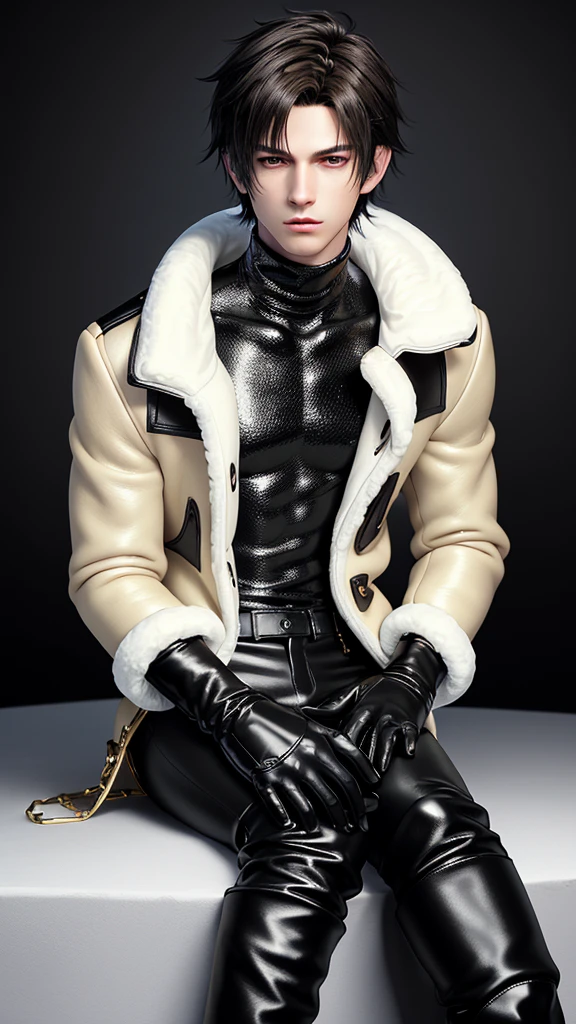 Final fantasy taste and reality graphics, Japanese young cute and cool ikemen  boy, his age is early 20s, thin eyebrows and beady eyes,  he wearing light brown color  very thick shearling jacket, jacket is no leather material and waist length, fur color is white,
also wearing black very thick turtleneck lackluster shirts,  tight black leather pants, shiny black leather tight and must put on a thin leather glove both hands, black leather knee-high raceup boots,must views  head-to-toe,must views whole body, boy looks like fashion model,Do not show skin from the neck down,leather jacket leather glove and leather pants have few wrinkles,boy in the room,,Avoid showing your innerwear,