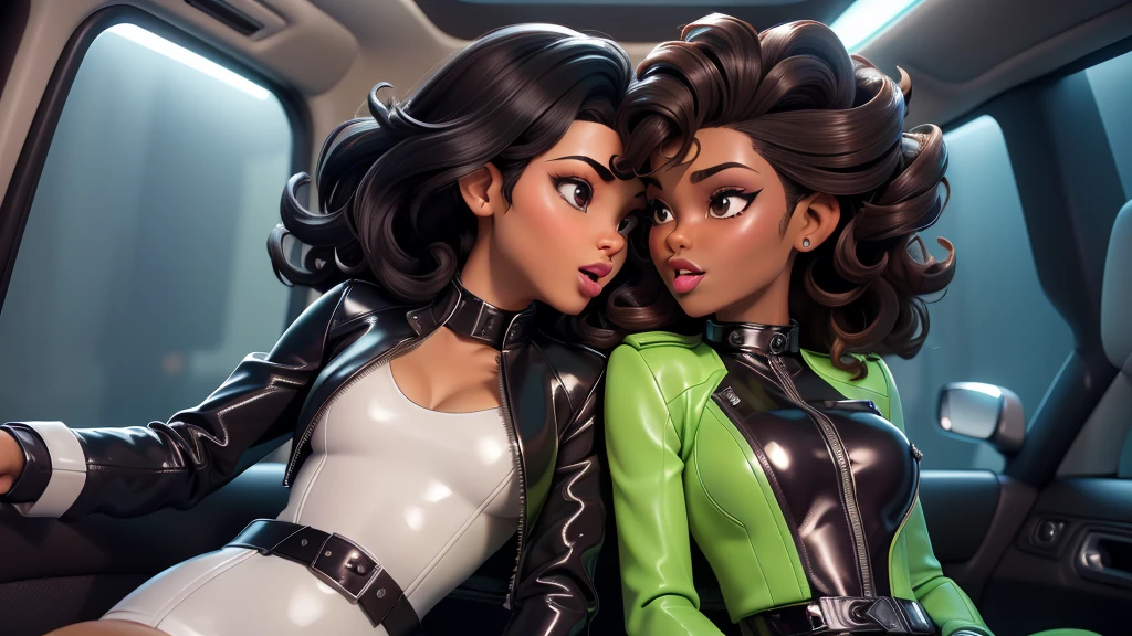 obra prima, melhor qualidade, ((two women,)) ((michelle malkin, brown skin, curly black hair, leather star trek tunic,)) head back, ((sexy sultry wicked look, open mouth, pucker mouth,)) thick smoky black eye shadow, long fake eyelashes, ((wearing shiny lime green pvc biker blazer,)) ((jacket is unzipped and wide open, small breasts, nip slip,)) jacket has padded puff shoulders, shiny leather gloves, ((shiny cream white micro mini pvc skirt,)) body is skinny, shiny tight buttocks, ((in back seat of luxury convertible, sexy kissing squeezing pose,)) (camera view of whole body,) looking up at me, shallow depth of field, highres, HD, 8k, anatomically correct