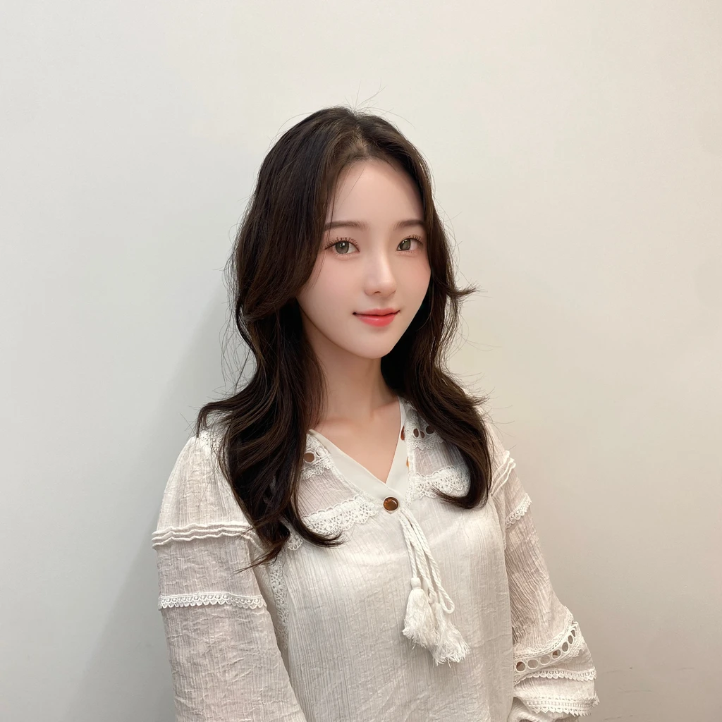 Best Quality, 8k, Masterpiece, (Portrait: 1.3), (photo realistic:1.4), (hyper realistic:1.4), Sharp Focus, looking at viewer, (smoother lighting:1.1), (increase cinematic lighting quality:0.9), realistic lighting, backlighting, light on face, ray trace, (brightening light:1.2), (Increase quality:1.4), sharp detail, (best quality real texture skin:1.4), finely detailed eyes, black_eyes, finely detailed face, 25 year old Korean woman,smiling_face