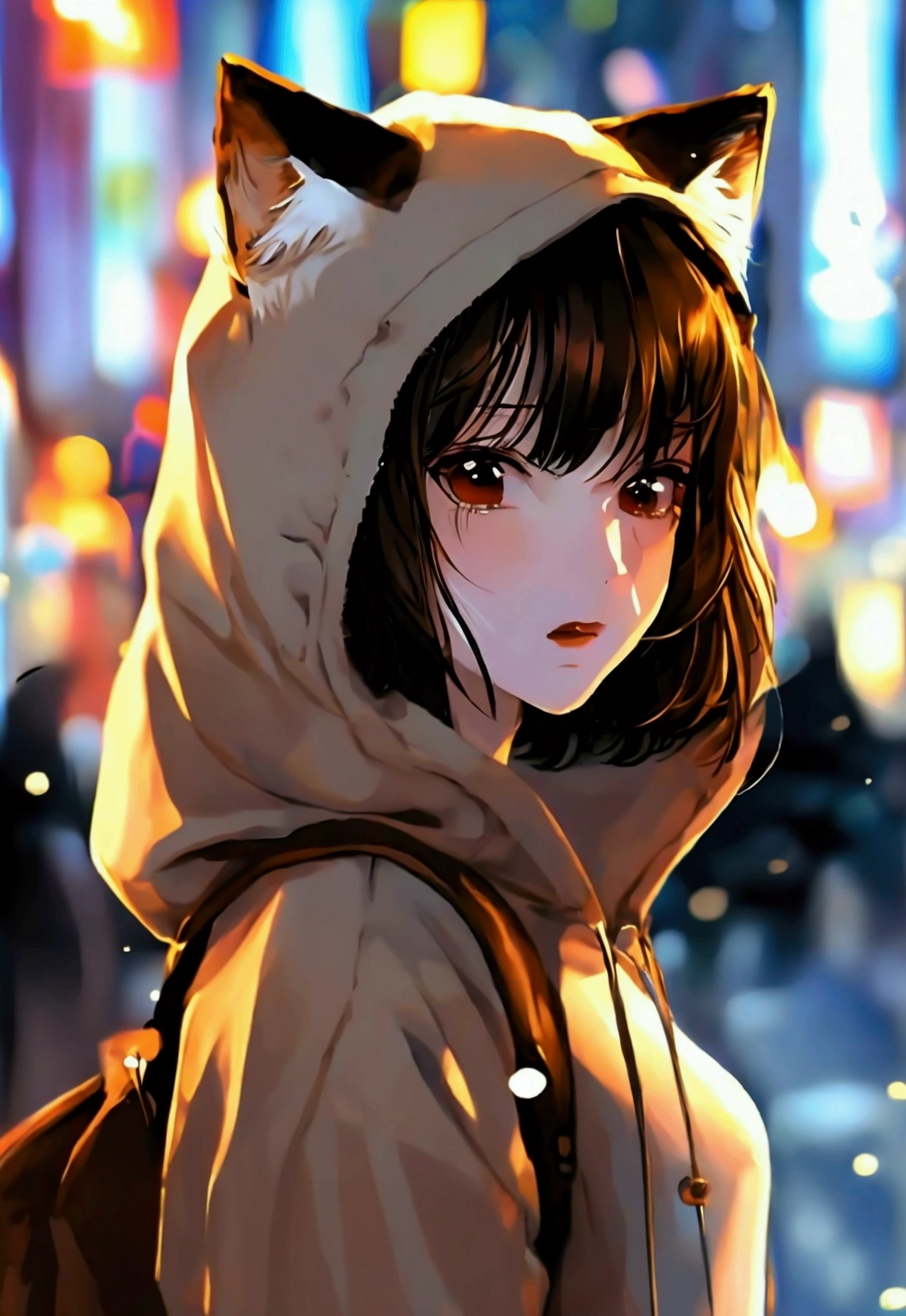 ((best quality)), ((masterpiece)), (detailed), 1girl, (wolf cut), short hair, brown eyes, brown hoodie, ample breasts, city background, aesthetic, (Korean girl), ((night)), ((gorgeous woman)), (tomboy), (cat eyes)