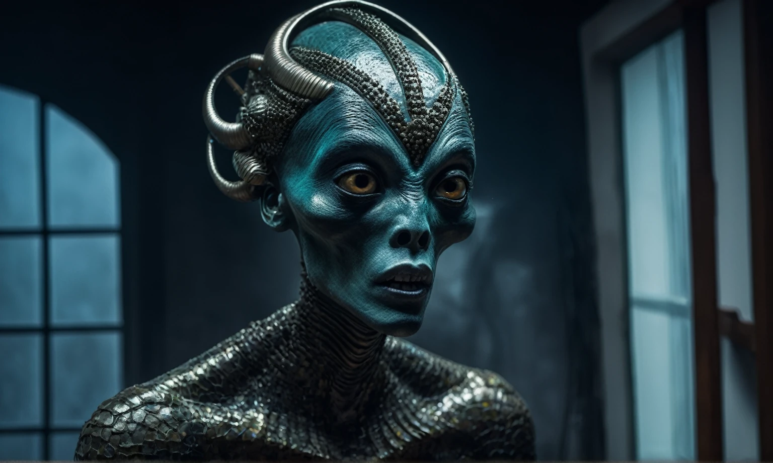 full body length shot ,nerd graphite  Alien Entity,native africa slave ,azctec psychiatric clinic,Cinematic,soft colors, Technicolor,natural skin textures, hyper realism, hyper detailed,Extremely detailed,High contrast,Masterpiece,Realistic,Ultra Detailed, intricate details,realistic humid leather,extremely intricate details,Epic Realistic, cinematic style, irina yermolova,high contrast,hdr,extremely detailed, [deep night landscape],masterpiece, intricate details, eyes extremely detailed, high detailed eyes,8k resolution,retina, Nikon Z9,orc,Egyptian folk, Pisces, transition between two art styles,full body length, Double contact, X-ray, Creative, vivid light, fantasy, Abstract, Surrealism, super detailed, high resolution,insanity national folk wear,skin  almost translucent, gothic elements, further emphasizing its dark air,Mestichino,Light particles,chaos,starfish's leather,Cambodia,"(The best lighting, dark, dramatic),(alien Mulan's half-skull fetus, Hellraiser, Scars, stupid, a shapeshifter, reptillian, scaleborn, terror.),(ominous and strange eyes, calaveras). morning light, indoor psychiatric clinic


