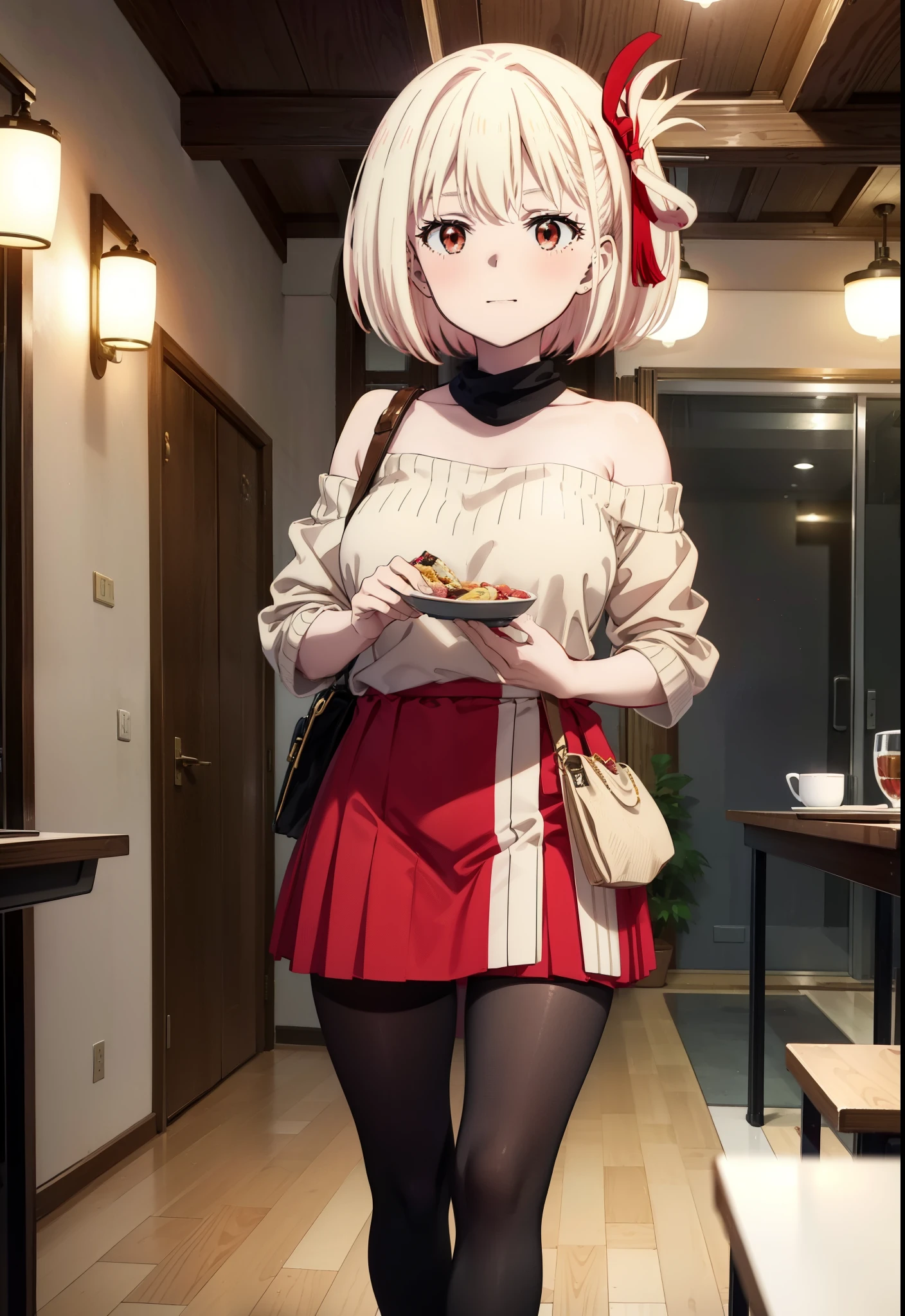 Chisato Nishikigi, short hair, bangs, Blonde, (Red eyes:1.5), hair ribbon, One side up, Bobcut,happy smile, smile, Open your mouth,Bare neck,Bare shoulders,bare clavicle,Red off-shoulder sweater,mini skirt,Black pantyhose,short boots,There is food on the table,トレイ in one hand,Chair,Walking,whole bodyがイラストに入るように,
break indoors,School,canteen,
break looking at viewer, whole body,
break (masterpiece:1.2), Highest quality, High resolution, unity 8k wallpaper, (figure:0.8), (Beautiful attention to detail:1.6), Highly detailed face, Perfect lighting, Highly detailed CG, (Perfect hands, Perfect Anatomy),
