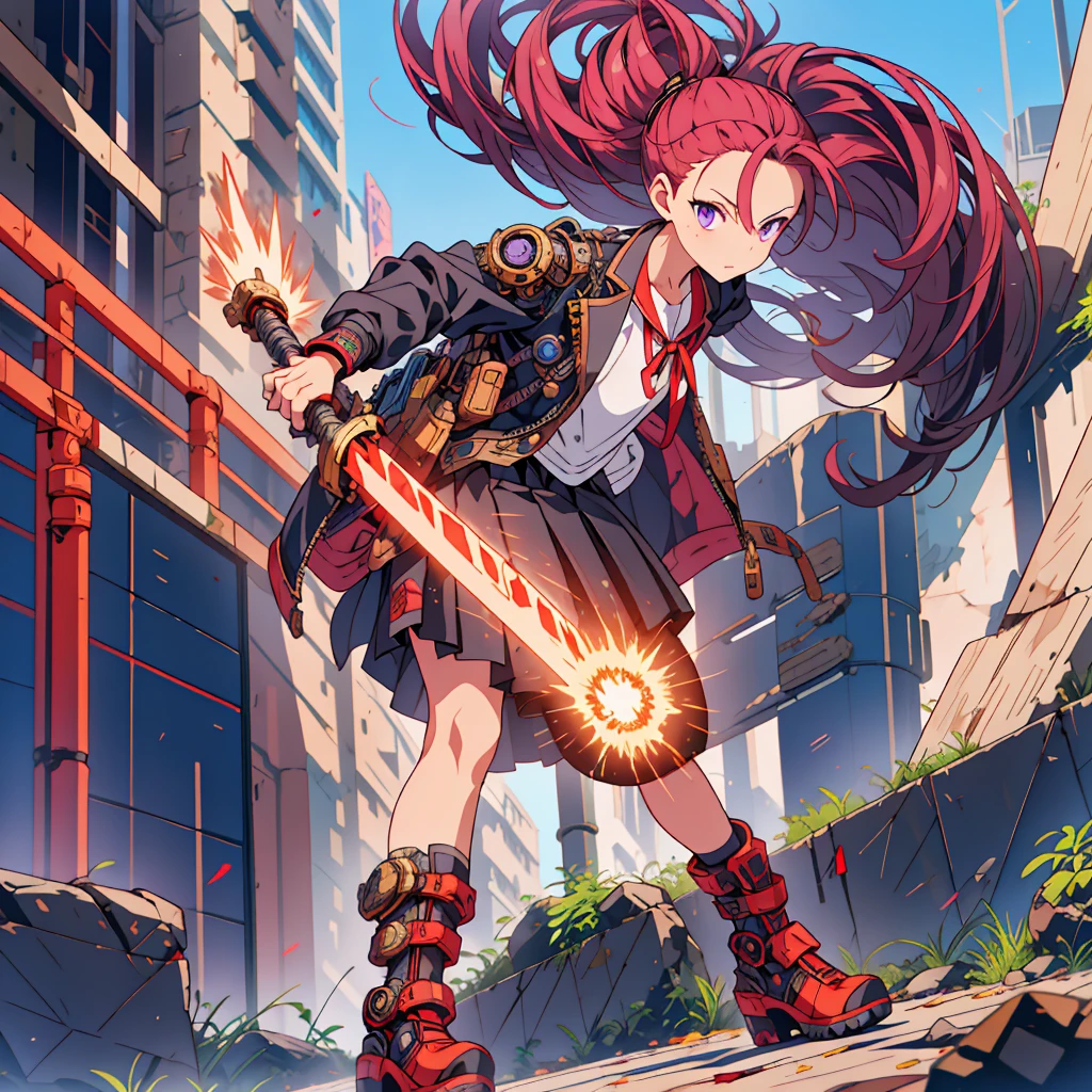 (table top, highest quality), (perfect athletic body:1.2), (thin hair), Super detailed,detailed facial,perfect face, Precise detail depiction,whole body, steampunk samurai girl, high school student,red tattoo on thigh,blackいセーラー服(cyberpunk mask、black,Jacket,Dock Tags,pleated skirt),18-year-old,long hairstyles, purple eyes, Wield a giant sword, standing in the wilderness, flying sparks,destroyed wall,wear high-tech boots,high heels, equip the gauntlet(five fingers,Detailed depiction of fingers,Basketball Hand,fingertip drawing),8K high resolution, trend art station, standing in the wilderness, take a pose
