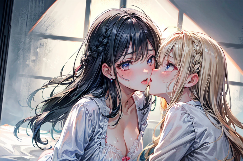(Best quality, 8k, 32k, Masterpiece, UHD,:1.2),RAW, (((2girl))),ultra cute , natural lighting,transparent shining eyes, 20yo ,fair complexion, (ecstasy:0.8) ,(slut:0.8), (vulgarity:0.8), (fucked silly:0.8),(steam:0.8),(trembling:1.3)),((Nightgown )) , ((White backgroud)), face Closeup, Closeup face, head shot, Cleavage, shiny, kiss, kissing, French braid
