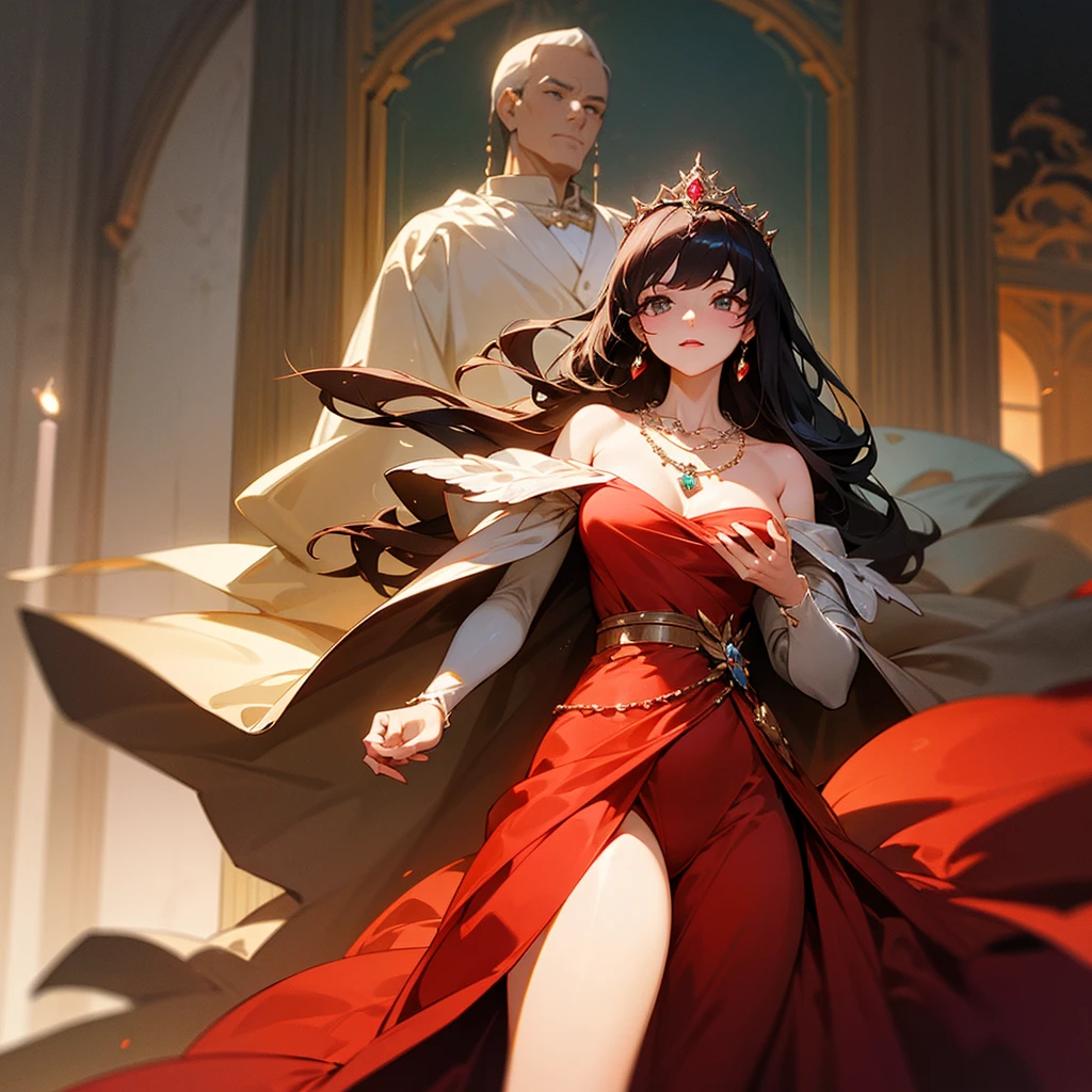 high resolution、Princess of the Ruby Kingdom。Neat and clean、There is an air of adult elegance、With ruby tiara、Gorgeous Ruby Necklace、Luxurious red dress、Fantasy、like medieval europe。