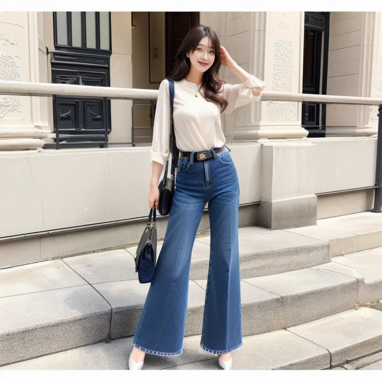 araffe woman in a 白衬衫和蓝色jeans standing on steps, 白衬衫和蓝色jeans, jeans, 白衬衫和jeans, 穿着衬衫和jeans, jeans, Wear smart casual clothing, 穿着深色衬衫和jeans, 可爱衬衫和jeans, Thin waist, 70s vibe, 70s style, Big pants