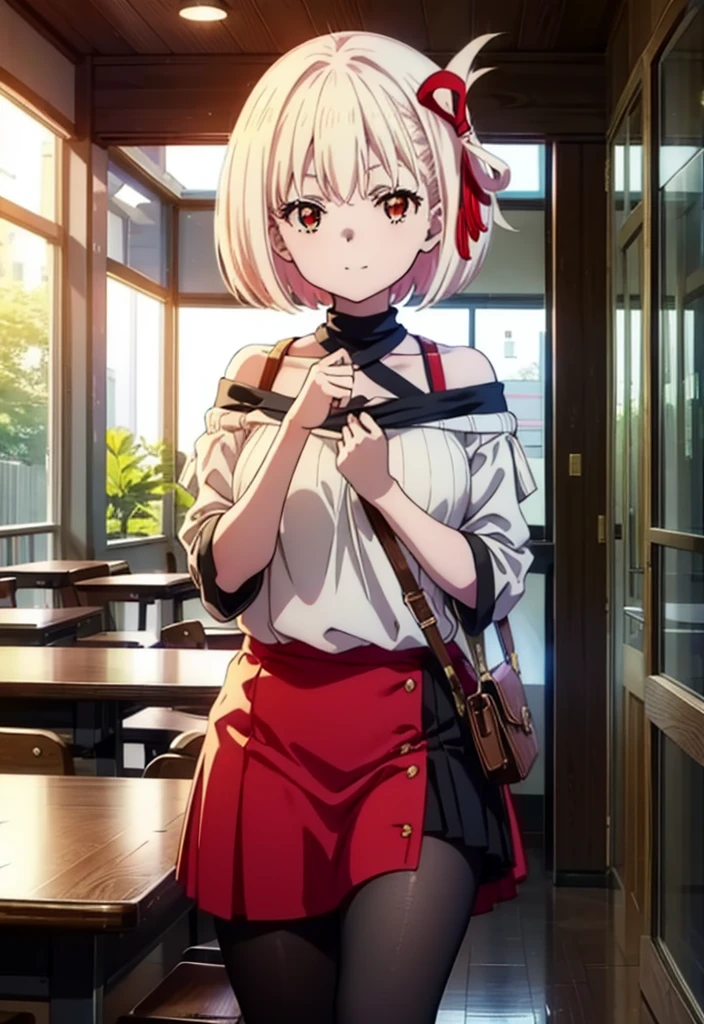 Chisato Nishikigi, short hair, bangs, Blonde, (Red eyes:1.5), hair ribbon, One side up, Bobcut,happy smile, smile, Open your mouth,Bare neck,Bare shoulders,bare clavicle,Red off-shoulder sweater,mini skirt,Black pantyhose,short boots,There is food on the table,トレイ in one hand,Chair,Walking,whole bodyがイラストに入るように,
break indoors,School,canteen,
break looking at viewer, whole body,
break (masterpiece:1.2), Highest quality, High resolution, unity 8k wallpaper, (figure:0.8), (Beautiful attention to detail:1.6), Highly detailed face, Perfect lighting, Highly detailed CG, (Perfect hands, Perfect Anatomy),