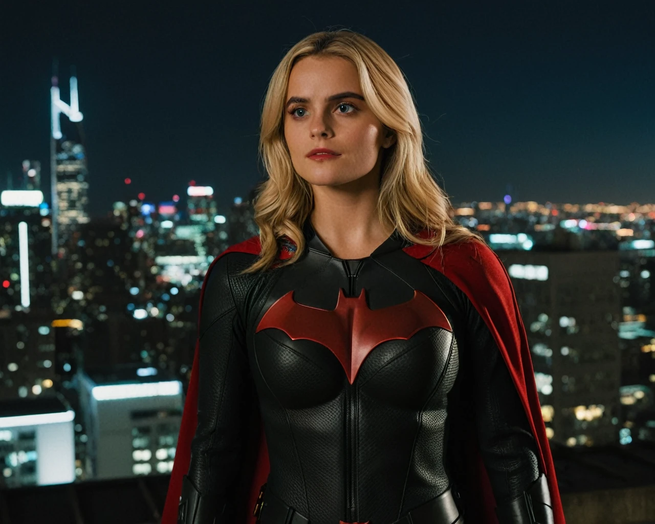 cinematic film still of ((Millie Gibson)) as batwoman ,wearing batwoman suit, standing on a roof top overlooking a city ,look up, serious expression, depth of field, telephoto lens, medium blonde hair, pudgy stomach, looking up,(full body focus),half closed-eyes, central composition, night time, at night, shallow depth of field, highly detailed, high budget, bokeh, cinemascope, depressing, epic, gorgeous, film grain, grainy, ((Interrupted left brow)),