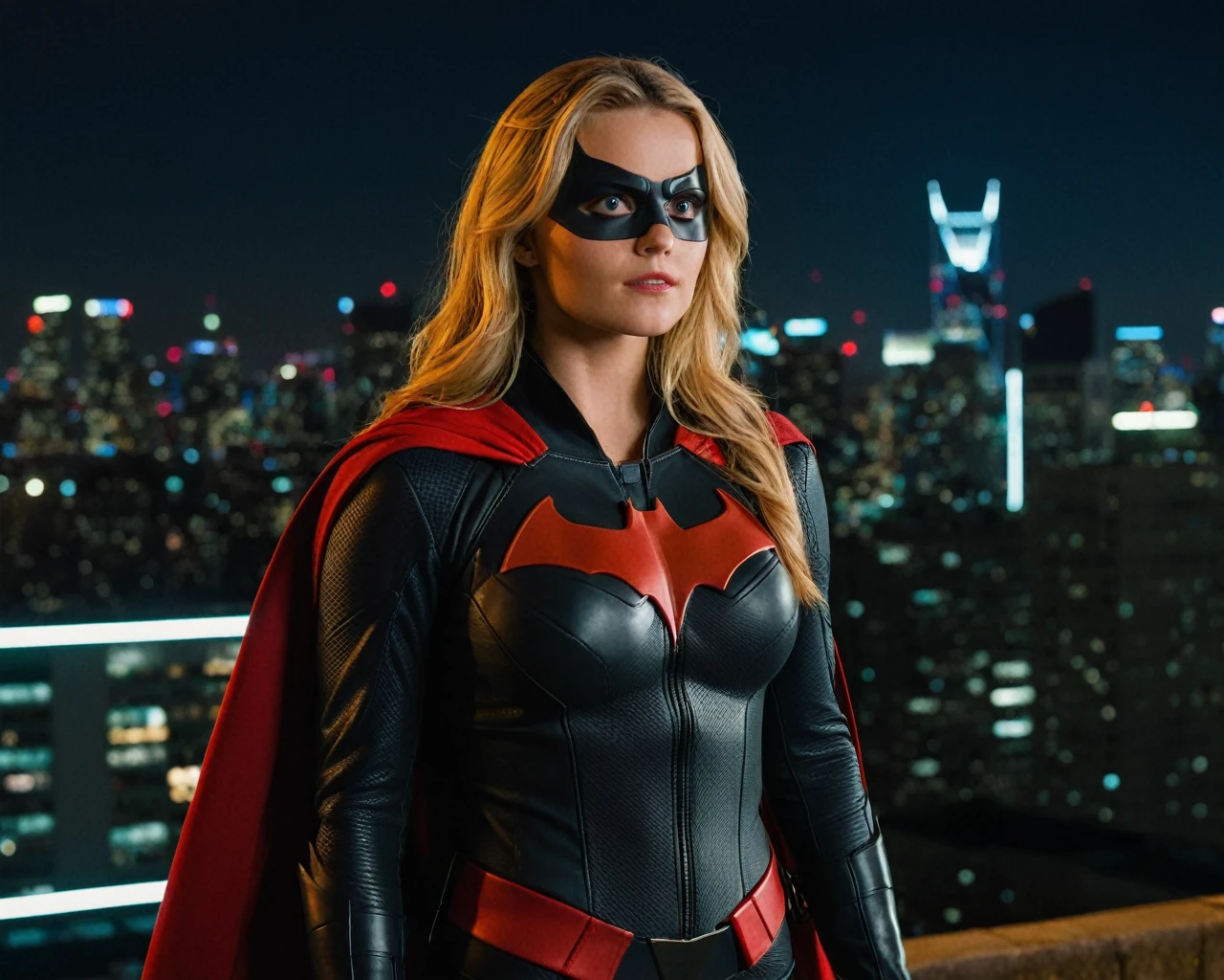 cinematic film still of ((Millie Gibson)) as batwoman ,wearing batwoman suit, standing on a roof top overlooking a city ,look up, serious expression, depth of field, telephoto lens, medium blonde hair, pudgy stomach, looking up,(full body focus),half closed-eyes, central composition, night time, at night, shallow depth of field, highly detailed, high budget, bokeh, cinemascope, depressing, epic, gorgeous, film grain, grainy, ((Interrupted left brow)),