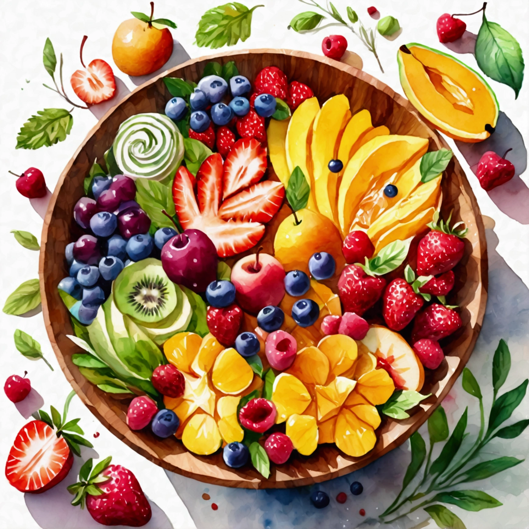 There is bowl of salad made of different fruit , fresh and creamy, served in fancy wooden bowl, illustration, baking ingredients, isolated with solid white background, surrounded with negative space, centered composition, highest detailed painting, very precise line, Isolated, clear solid white background, perspective angle of view, ((watercolor:1.5)), (lora:add-detail-xl:1), (masterpiece), (best quality), no bread on the floor, washed out color