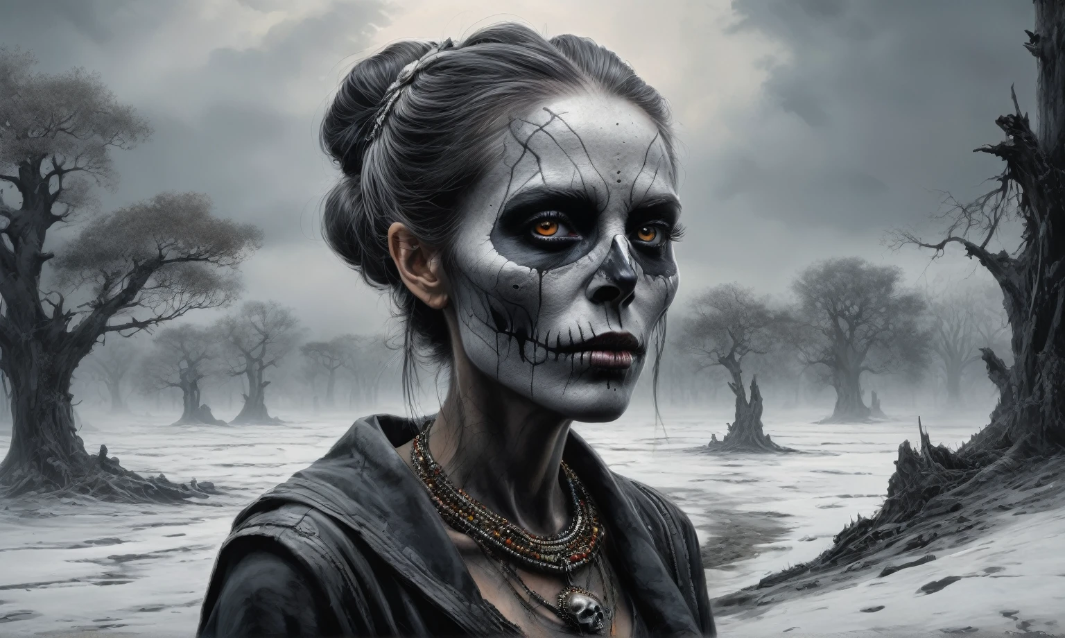 graphite old witch,after a psychiatric clinic,battlefield,winter,intricate landscape,slate grey atmosphere,glare eyes,film grain,dramatic light,twisted woods,luminous eyes,extremely detailed,landscape,masterpiece,intricate details,faded,eyes extremely detailed, high detailed eyes,16k resolution,RAW, Nikon Z9,full-body-shot,Vview from height,full body length shot,vampire,native african,lovely face,jealous,another world,ring of truth,French Braid with a Twist, jimmy chin,view from height,pretty face,eyebrow up,full body shot,ominous landscape,glate gray atmosphere,by art Simon Stalenhag,Nicola Samori,(((Wangechi Mutu))),prime colors,Lisa Frank,urban,extremely detailed, [night],masterpiece,intricate details,fade,brazilian carnival,niobium lather,Angkor Wat of Cambodia,Las Salinas de Torrevieja of Spain,"(The best lighting, dark, dramatic),(alien almost skull fetus, Hellraiser, Scars, , sexy, brain, a rat inside the head, terror.),(perl-white eyes, calaveras). morning light.
