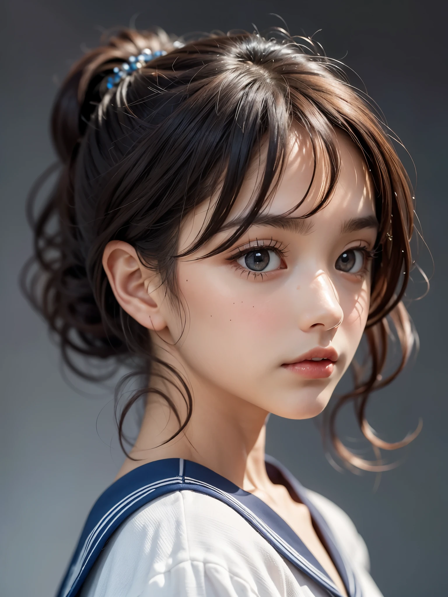 One Girl，(1人のとてもcute女の子:1.3)，masterpiece，Highest quality，High resolution，From below，Low - Angle，Photorealistic，RAW Photos，Ray Tracing，beautiful girl，(15 years old:1.3)，cute，Big eyes，(detailed pupils:1.2)，(The face is facing forward:1.3)，Cute nose，Beautiful nose，Upturned nose，Fuller lips，Short brown hair，ponytail，short hair，Detailed eyelashes，Thin eyebrows，Very fine grain definition，(Symmetrical eyes:1.3)，(Face close-up，Face Focus:1.0)，Small breasts，Short neck，Sailor suit，People emerge，Dark Background，Portrait，View Viewer，Upper Body，Cinema Lighting，Soft Light，Very detailed
