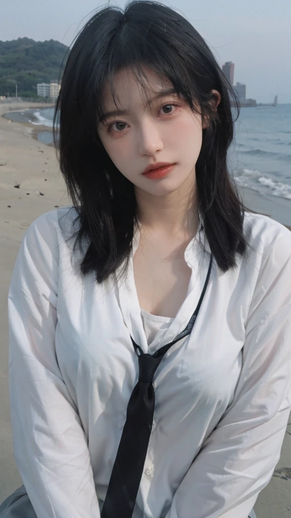 Best quality,masterpiece,Ultra-high resolution,16K,Beach Background,JK,(Photo Realism:1.4),1 Girl,JK,Sexy,(Shirt and Tie:1.2),(Big breasts:1.3),(whole body:1.4)