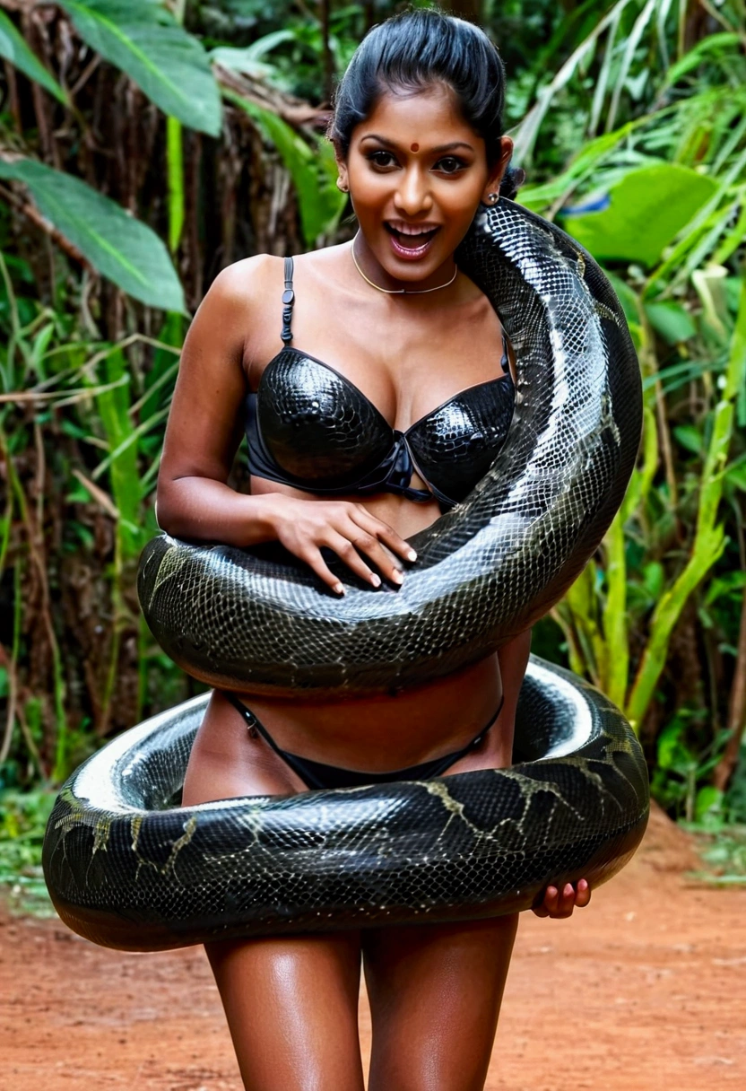 Happy Horny, aroused 1girl), beautiful Indian young girl wearing thong with giant colossal black anaconda monster squeezing her hard, wrapped in thick spiraling coils, constricted, struggle, gasping for air, snake attack, snake peril