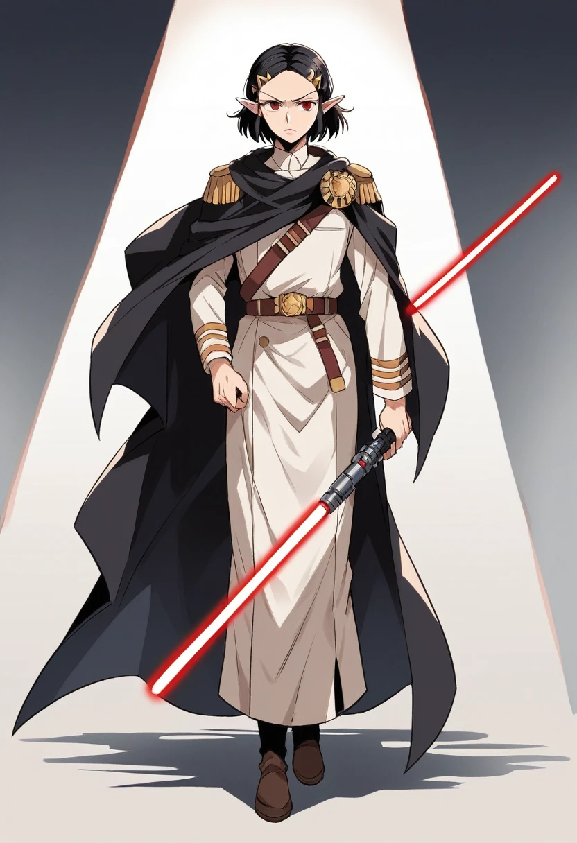 Princess Zelda full body shot, Black Hair, Red eyes, Dressed as Ray Skywalker, 30 years old, mature, XL Bust, Holding a red lightsaber in one hand, Wearing a black cloak with red trim, Finding, In combat mode, background: Inside the Death Star space station, Unreal Engine 5, anime, anime style, masterpiece, Well drawn eyes, Well-drawn faces, 細部までWell drawn eyes, 細部までWell-drawn faces, 8K, Light and shadow effects.