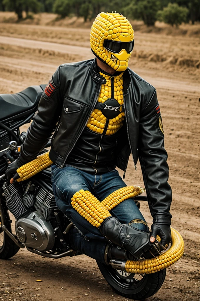 A human snake with a cool jacket and a motorcycle made of corn and a corn knife