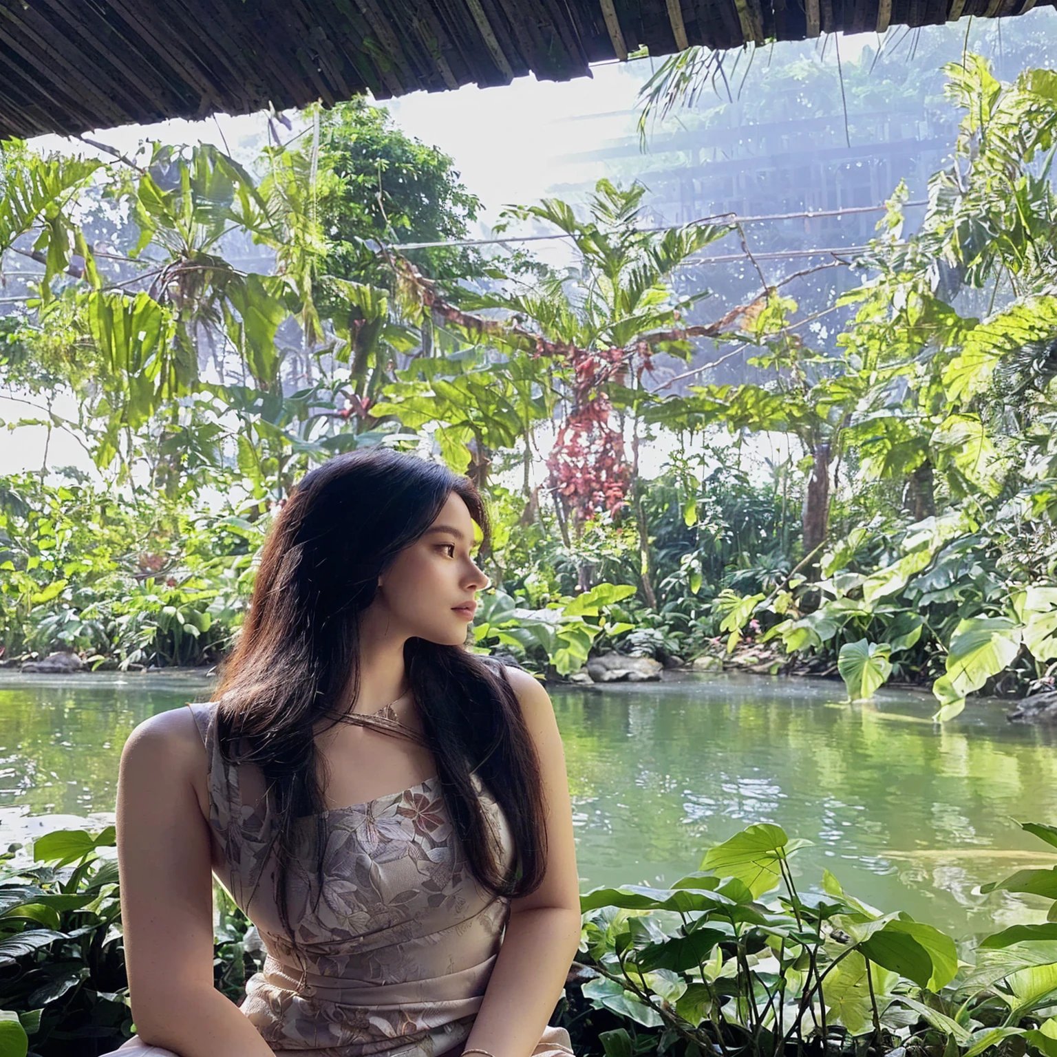 there is a woman sitting on a bench in a garden, amidst nature, jungles in the background, filled with fauna, in a jungle environment, ancient garden behind her, standing in a botanical garden, nature goddess, in a jungle, smooth in _ the background, in the background is lush jungle, in a tropical forest, 🤬 🤮 💕 🎀, beautiful aesthetic