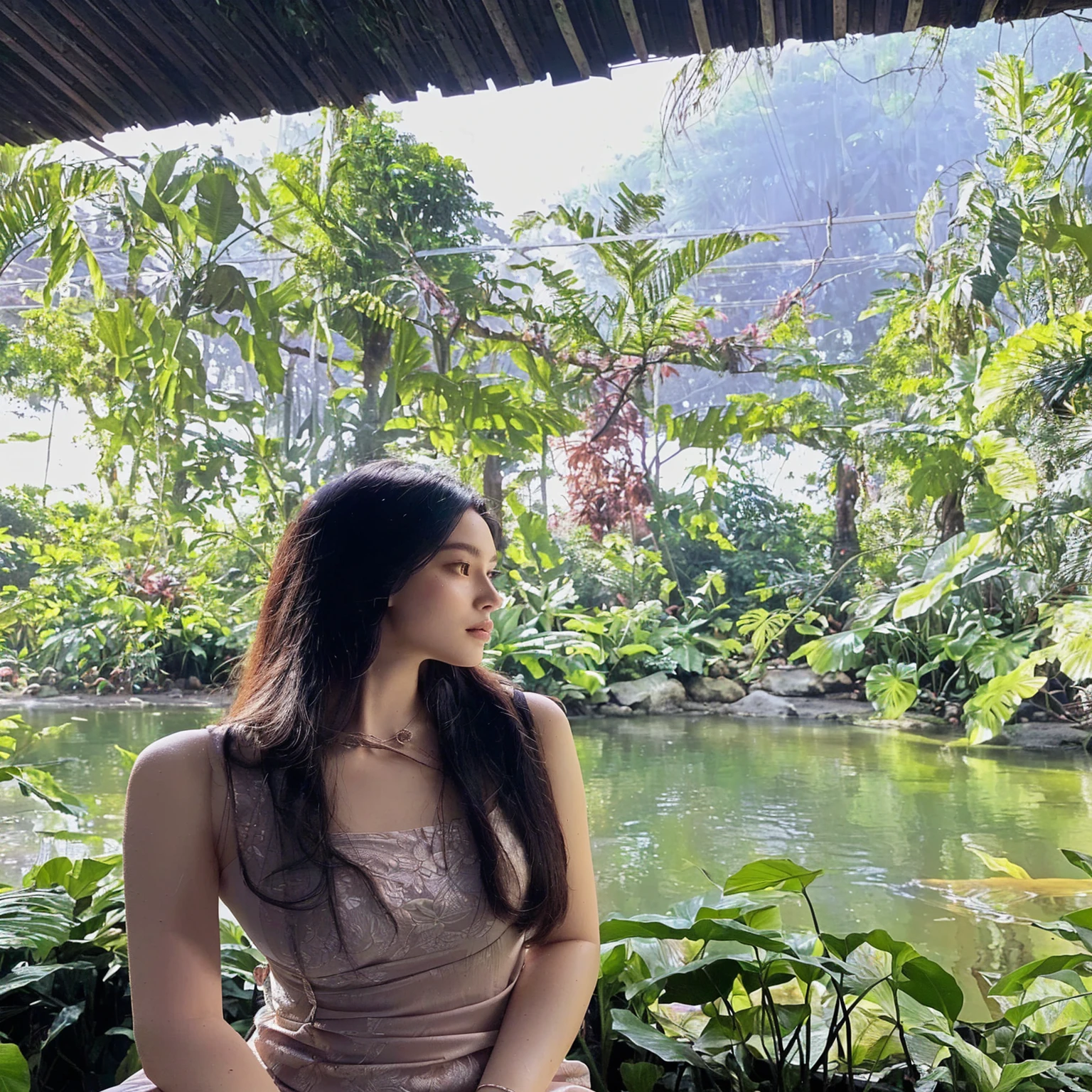 there is a woman sitting on a bench in a garden, amidst nature, jungles in the background, filled with fauna, in a jungle environment, ancient garden behind her, standing in a botanical garden, nature goddess, in a jungle, smooth in _ the background, in the background is lush jungle, in a tropical forest, 🤬 🤮 💕 🎀, beautiful aesthetic