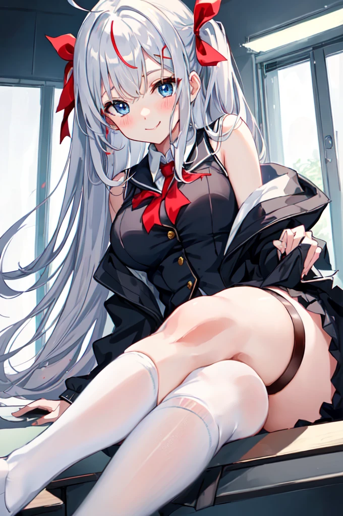 score_9, score_8_up, score_7_up, score_6_up, score_5_up, score_4_up, source_anime, anime screencap, uncensored, 1girl, solo,zPDXL,
anime screencap,AlisaMikhailovnaKujou,silver hair,ahoge,long hair,one red hairribbon,blue eyes,
BREAK
school_uniform,jacket,black vest, white_thighhighs, white panties,
from below, pov, feet, stepped on, smile, heavy blush, half closed eye, smug,
classroom, Daytime,
(Beautiful, medium Breasts:1.2), natural breasts, sitting,