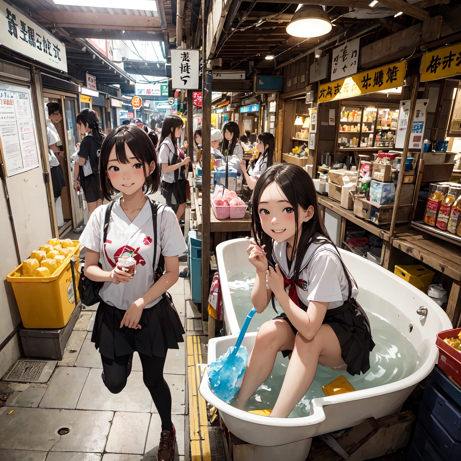 (masterpiece、Highest quality)、(Photorealistic photography)、1 picture、(Japan's dimly lit underground mall)、Japan favelas、13 years old、、Showa Retro、Detailed and cute face、((Poor conditions))、(Underground hot spring facilities)、shaved ice、Sale of drinks、Unsanitary and dim、(stage)、(Big bath)、Shady Red Light District、diet、(Many female junior high school students)、(Prostitute)、へにょへにょしたsmile、Happy schoolchildren、Perfect Anatomy、smile