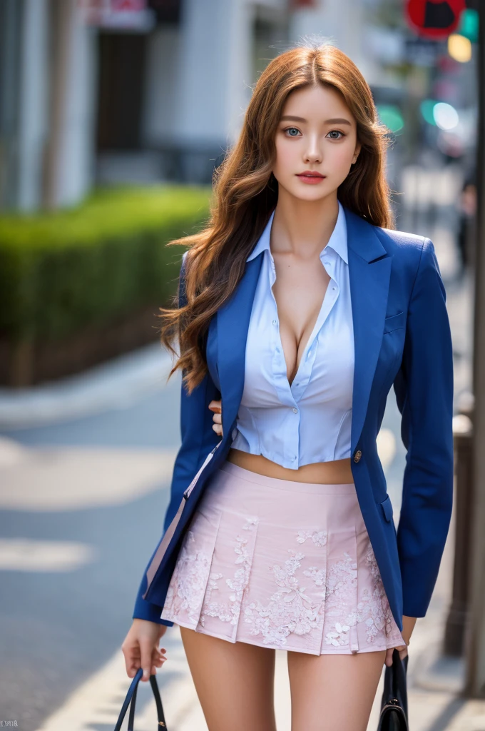 17 year old girl, she is the most beautiful actress in the world, the perfect body proportions of this girl, the formal shirt and the blazer are clothing her large breasts, her crotch area of the panties between her bare legs are hardly hidden by the short skirt, only the front of her body is seen, she is standing straight at the street, nsfw, best quality, highly detailed, masterpiece, ultra high res, photo realistic, 8k, RAW photo