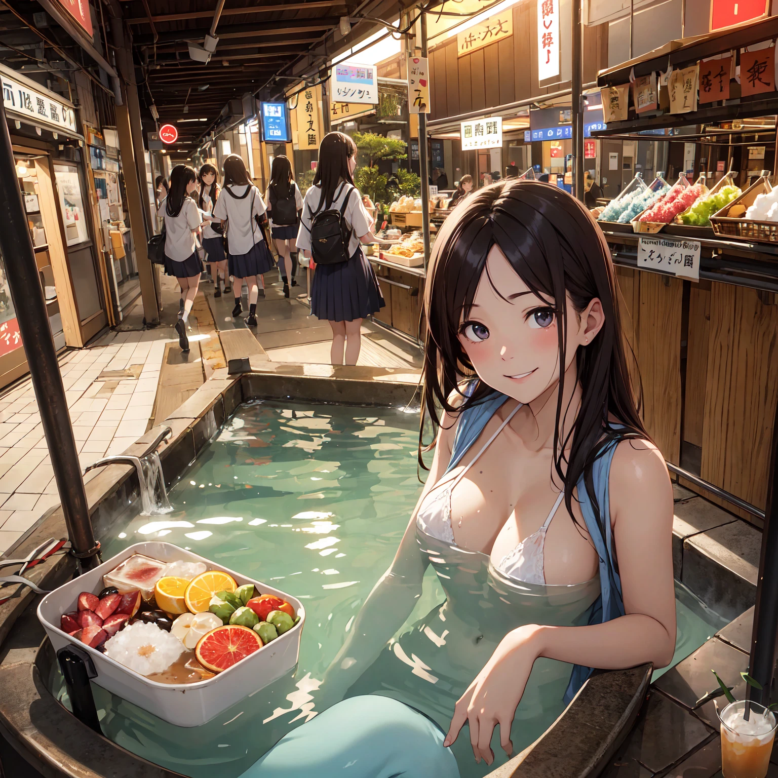 (masterpiece、Highest quality)、(Photorealistic photography)、1 picture、(Japan's dimly lit underground mall)、Japan favelas、、、Showa Retro、Detailed and cute face、((Poor conditions))、(Underground hot spring facilities)、shaved ice、Sale of drinks、Unsanitary and dim、(stage)、(Big bath)、Shady Red Light District、diet、(Many female junior high school students)、(Prostitute)、へにょへにょしたsmile、Happy schoolchildren、Perfect Anatomy、smile