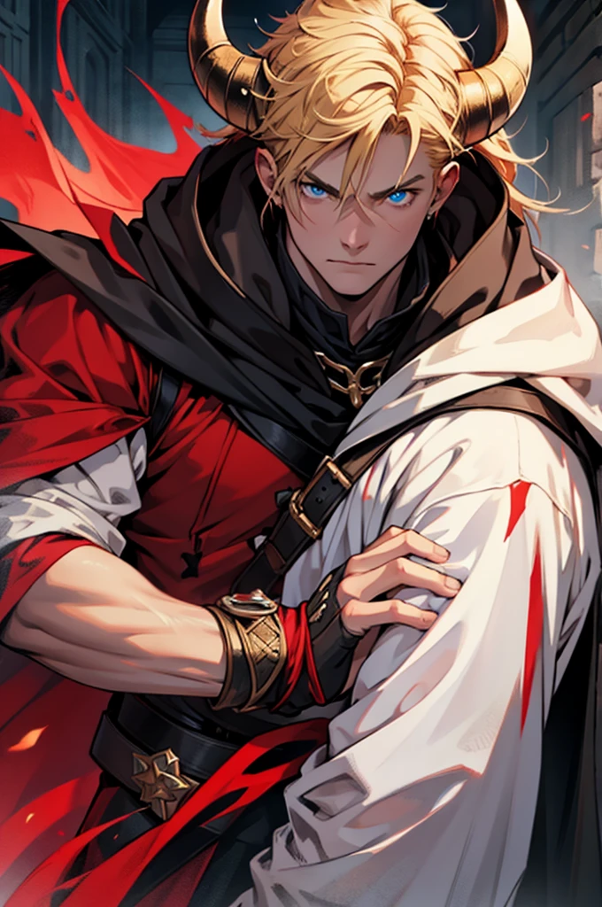 Teenager, red horns, blue eyes, imposing face, blond hair, with black cloak