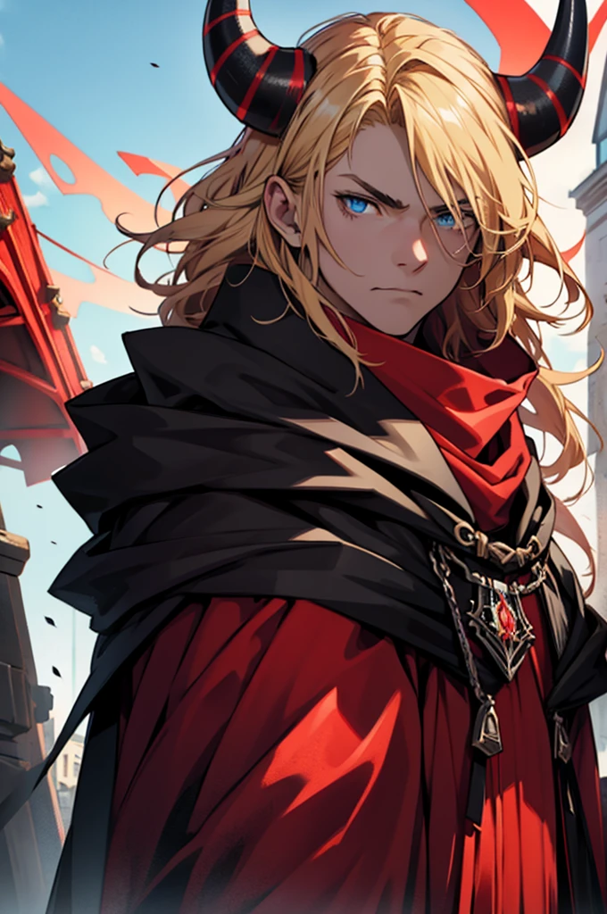 r, red horns, blue eyes, imposing face, blond hair, with black cloak