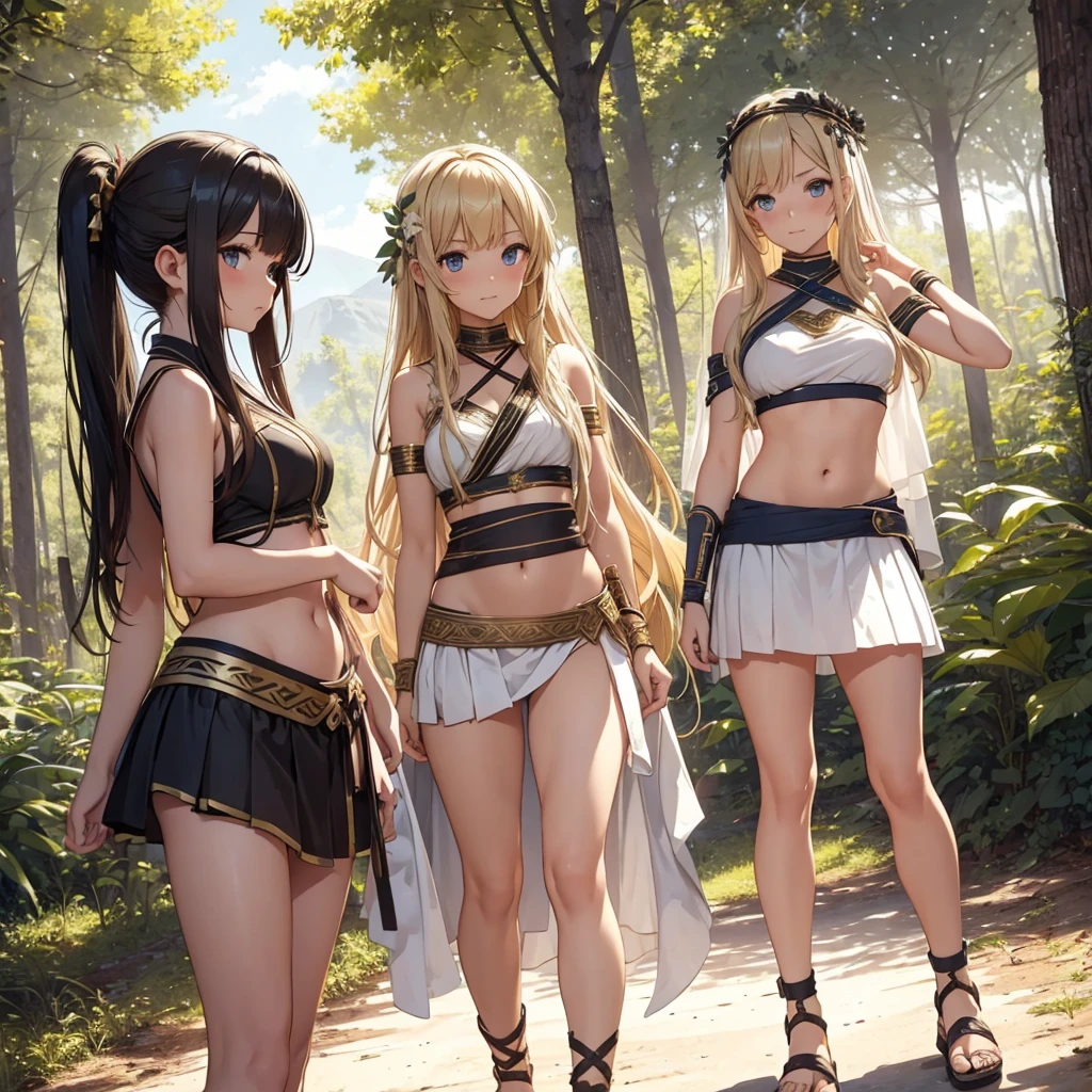 young greek warriors girls in togas , only girls , forest in the background , light armor , sandals , sexy, exposed belly, muscular girl, defined abdomen,stomach, multiple girls, midriff, looking at viewer, blonde hair , long hair, bare shoulders, white skirt, skirt, outdoors, sanda