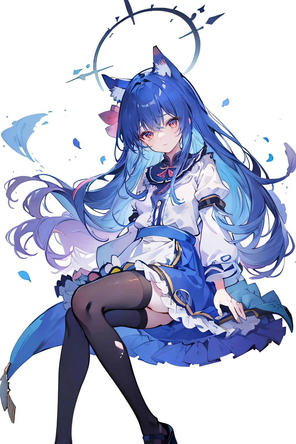 (masterpiece:1.2),Super detailed,lifelike,Expressive eyes,fair skin,perfect face shape,1 girl,
Japanese comics,Gorgeous blue hair,flowing blue hair,flowing clothes,Cat ears,Petals fall,beautiful lola,Baby Angel,
,Cross your legs,Gentle and peaceful background,The pavilion is cool and comfortable, ((masterpiece:1.4,最high quality)),(Super detailed),Official Art,Unity 8k Wallpaper,Super detailed,Beautiful appearance,high quality,Cute,masterpiece,最high quality,(flat chest),Human body,a character portrait,Standing,long suspender skirt,Yuri,(Black tights),There is a halo on the head