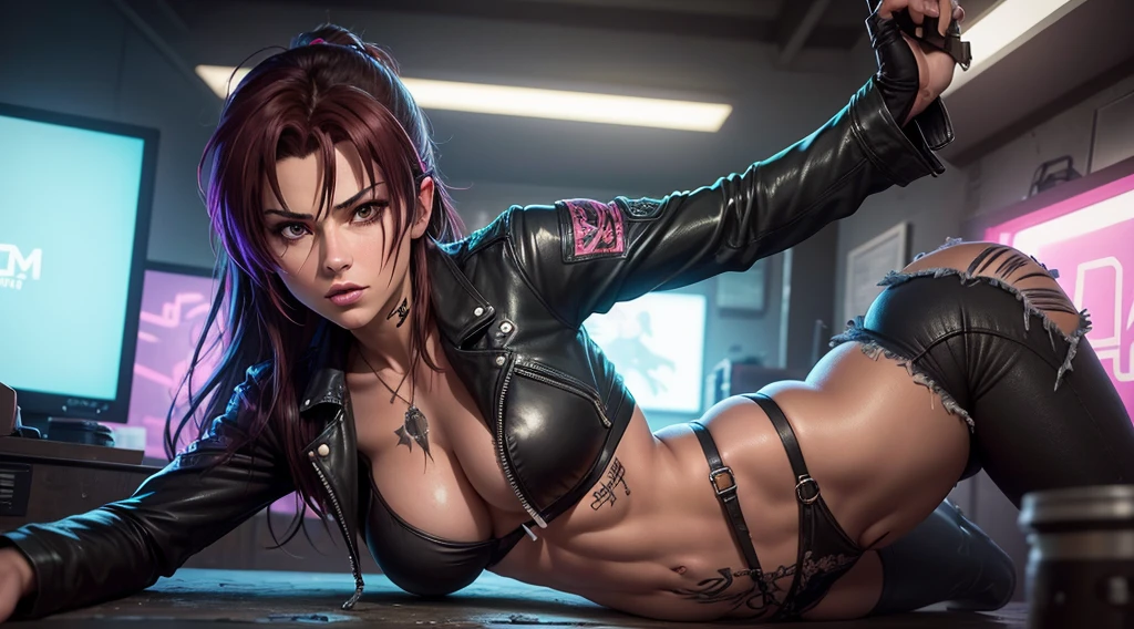 Revy from black lagoon, tattooed babe, wearing a black leather jacket and nude under, short ripped jeans, Her expression is sensual, background is a bright scene, neon lights illuminating the area around her, The artwork is rendered in an edgy and realistic style, with high attention to detail and sharp focus. The colors are vivid and contrasted, with a slight desaturation to create a moody atmosphere. shadowy highlights enhancing the overall composition. The medium used is a digital illustration, with a touch of photo-realistic elements to add depth and texture to the image. The final result is a masterpiece in ultra-high resolution, showcasing the intense and raw nature of Revy's character. she's facing the front image, she's alone.
