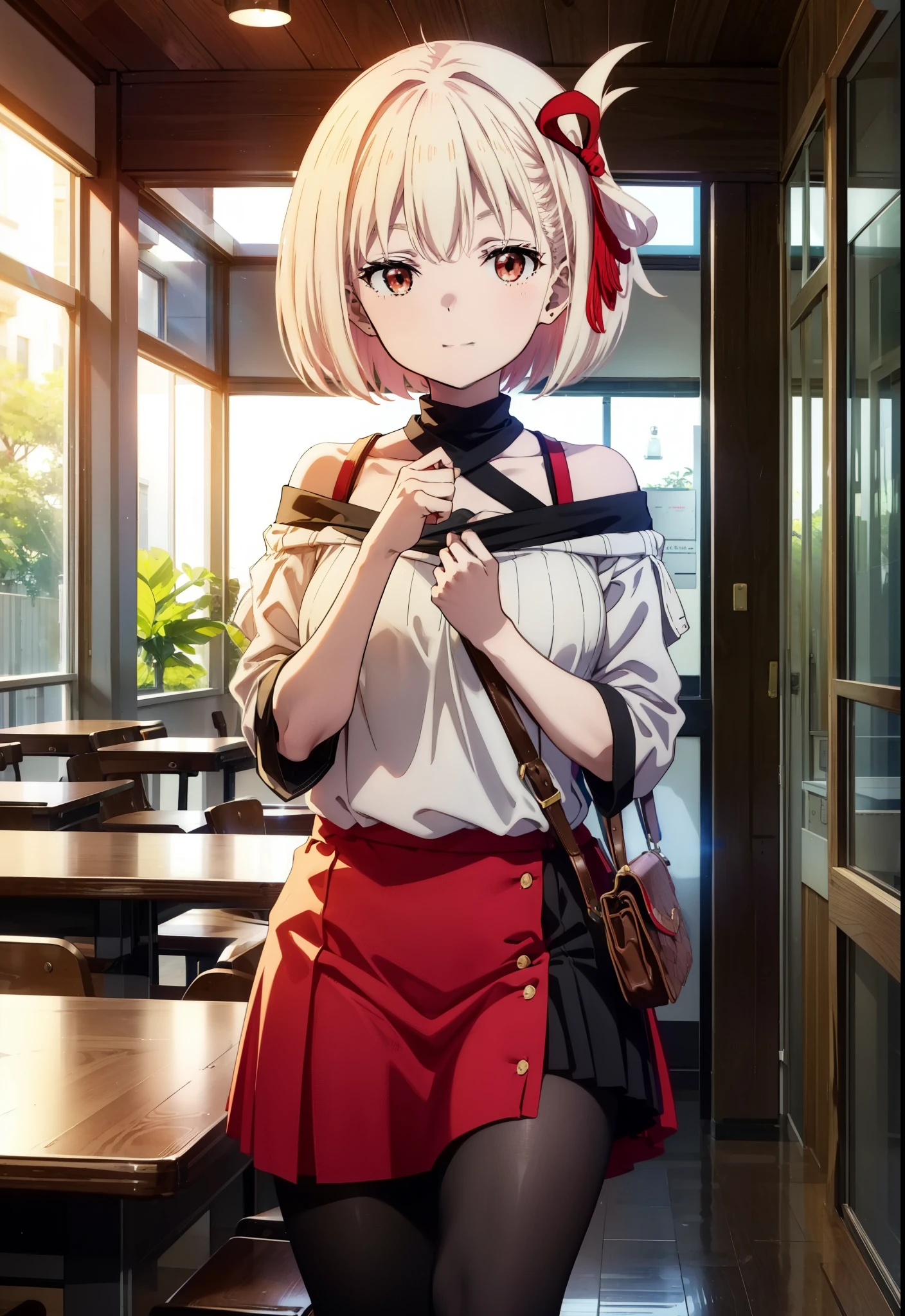 Chisato Nishikigi, short hair, bangs, Blonde, (Red eyes:1.5), hair ribbon, One side up, Bobcut,happy smile, smile, Open your mouth,Bare neck,Bare shoulders,bare clavicle,Red off-shoulder sweater,mini skirt,Black pantyhose,short boots,There is food on the table,トレイ in one hand,Chair,Walking,whole bodyがイラストに入るように,
break indoors,School,canteen,
break looking at viewer, whole body,
break (masterpiece:1.2), Highest quality, High resolution, unity 8k wallpaper, (figure:0.8), (Beautiful attention to detail:1.6), Highly detailed face, Perfect lighting, Highly detailed CG, (Perfect hands, Perfect Anatomy),