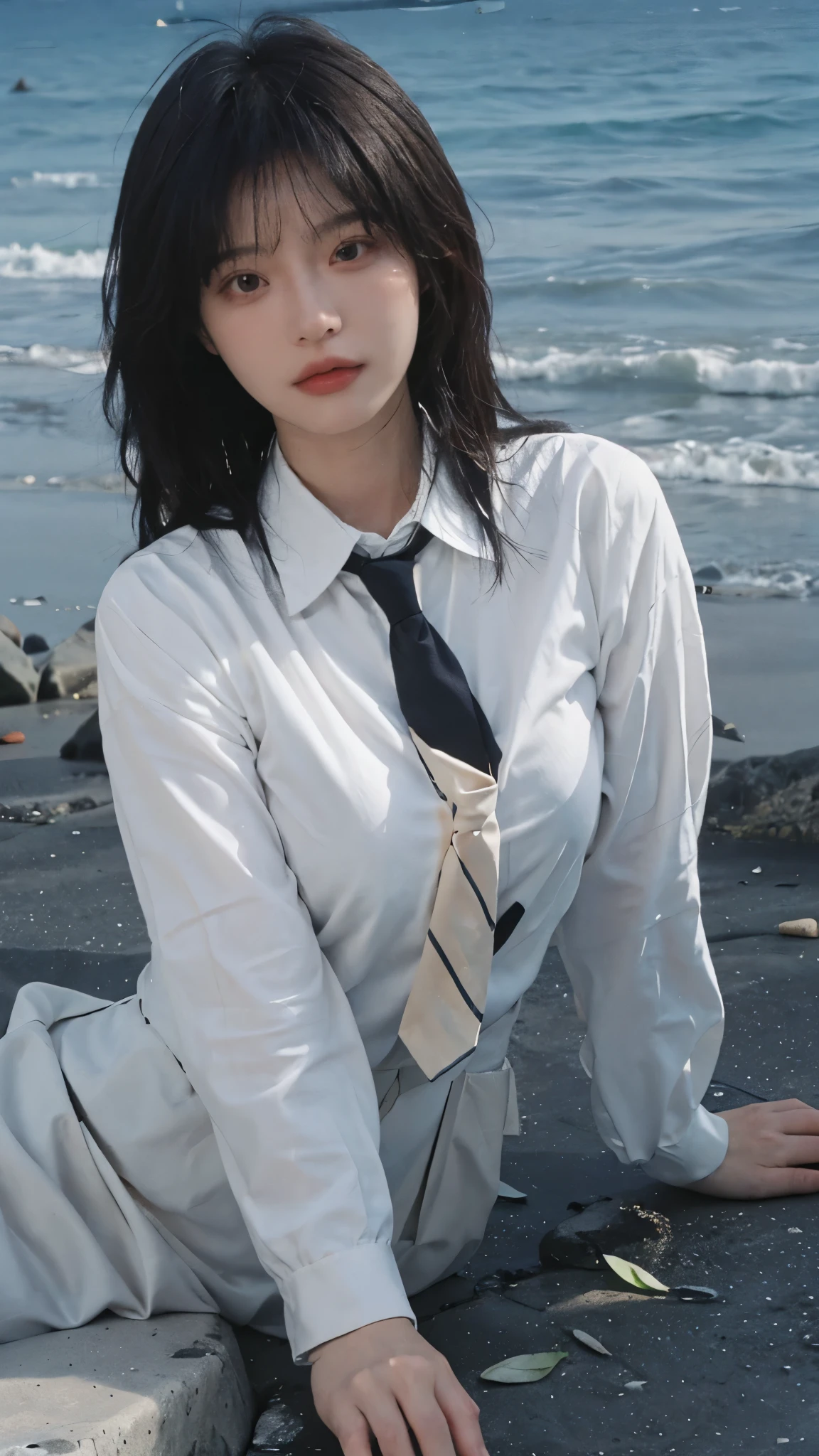 Best quality,masterpiece,Ultra-high resolution,16K,Beach Background,JK,(Photo Realism:1.4),1 Girl,JK,Sexy,(Shirt and Tie:1.2),(Big breasts:1.3),(whole body:1.4)
