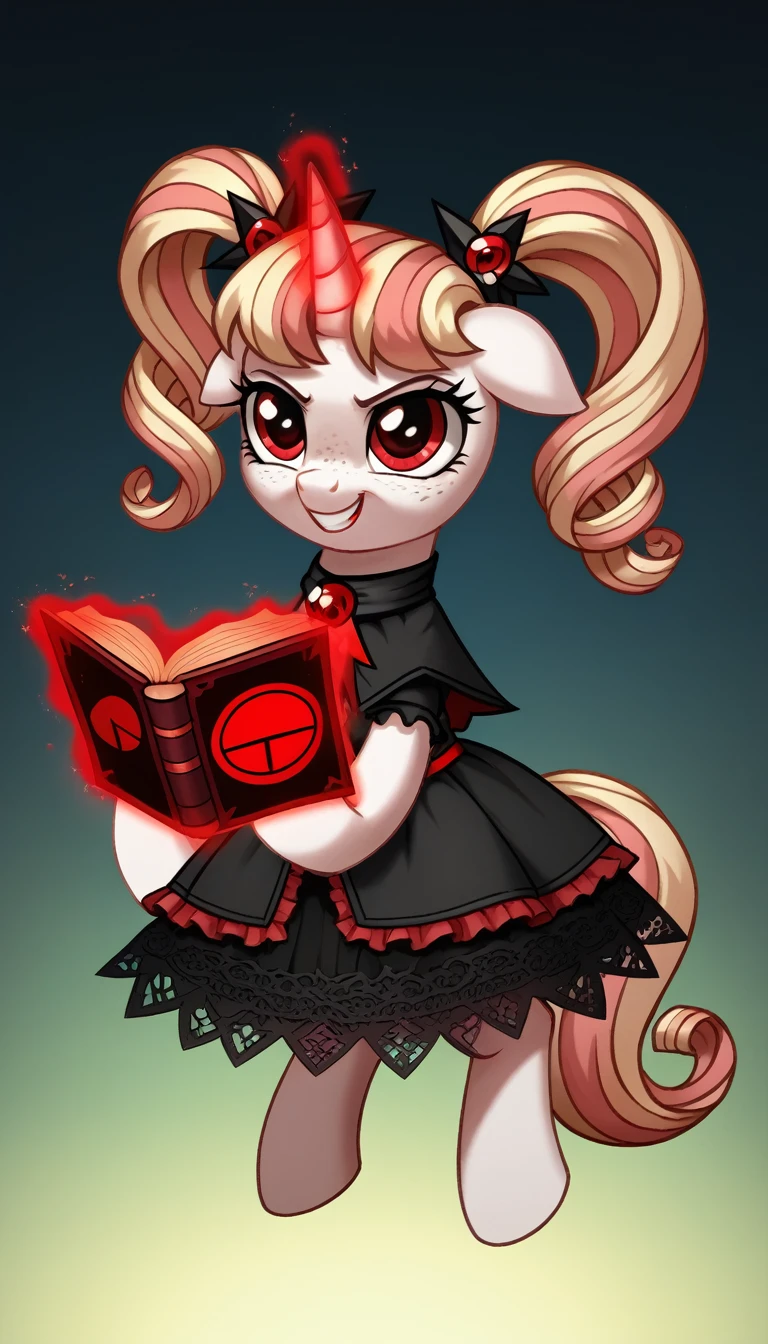 score_9,score_8_up,score_7_up,score_6_up, filly, unicorn, white fur, curly strawberry blonde hair, twintails, freckles, red eyes, Gothic pony, ta fashion, glowing backlight, fashion show, cult everfree Forrest scene, glitter, whimsical, enchanted, magical, fantasy art concept, intricate details, insane smile, blood splatter on face, floating, holding spell book, glowing horn,