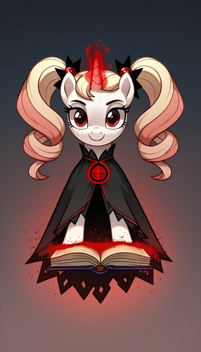 score_9,score_8_up,score_7_up,score_6_up, filly, unicorn, white fur, curly strawberry blonde hair, twintails, freckles, red eyes, Gothic pony, lolita fashion, glowing backlight, fashion show, cult everfree Forrest scene, glitter, whimsical, enchanted, magical, fantasy art concept, intricate details, insane smile, blood splatter on face, floating, holding spell book, glowing horn,