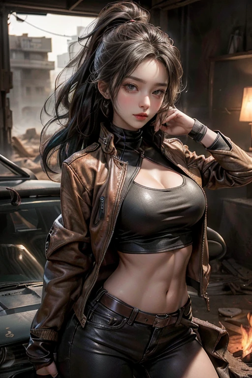 ((masterpiece, highest quality, Highest image quality, High resolution, photorealistic, Raw photo, 8K)), ((Extremely detailed CG unified 8k wallpaper)), (huge stunning goddess shot, very hot and sexy, jaw-dropping beauty, perfect proportions, beautiful body, slim body beauty:1.4), Post-Apocalyptic Wasteland, The world of Mad Max, she wears a leather jacket over his bare skin and holds a shotgun, adderskin eye patch, Collapsed buildings are being swallowed by the desert, Ruins hazed with dust and sand,