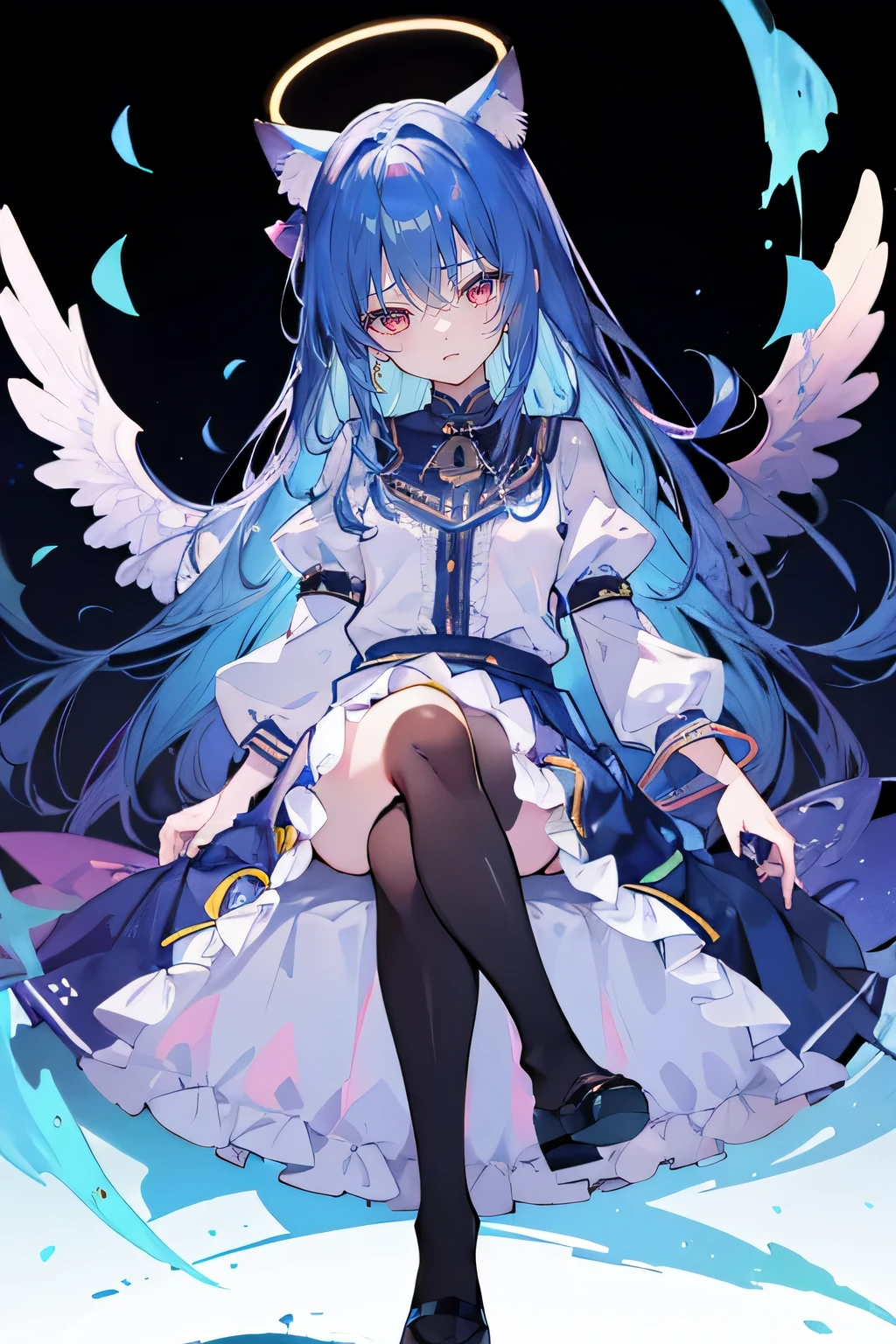 (masterpiece:1.2),Super detailed,lifelike,Expressive eyes,fair skin,perfect face shape,1 girl,
Japanese comics,Gorgeous blue hair,flowing blue hair,flowing clothes,Cat ears,Petals fall,beautiful lola,Baby Angel,
,Cross your legs,Gentle and peaceful background,The pavilion is cool and comfortable, ((masterpiece:1.4,最high quality)),(Super detailed),Official Art,Unity 8k Wallpaper,Super detailed,Beautiful appearance,high quality,Cute,masterpiece,最high quality,(flat chest),Human body,a character portrait,Standing,long suspender skirt,Yuri,(Black tights),There is a halo on the head
