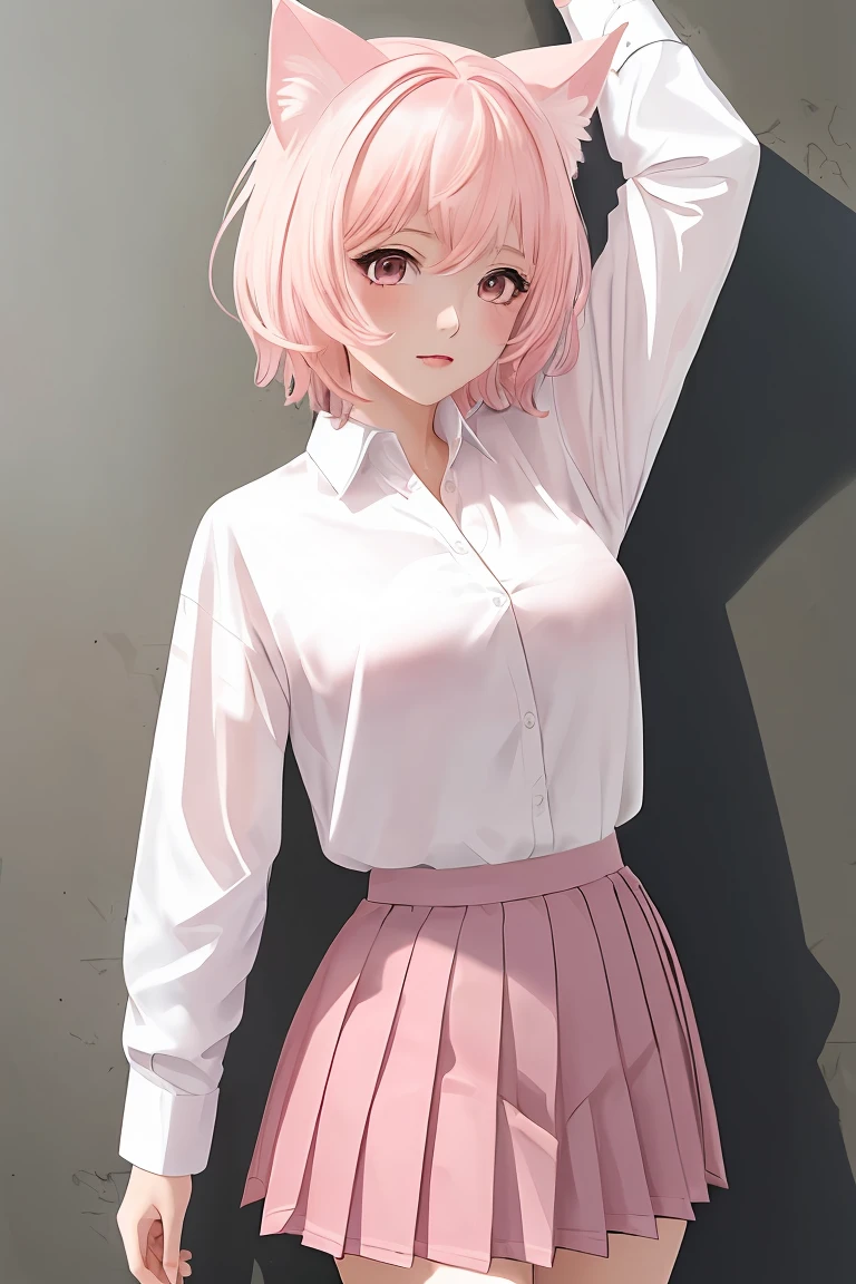 skirt by the、White T-shirt、tits out、Buttocks、top-quality、超A high resolution、 1 人,、 winc, Smile, masutepiece, hiquality、Pink hair、short-hair、