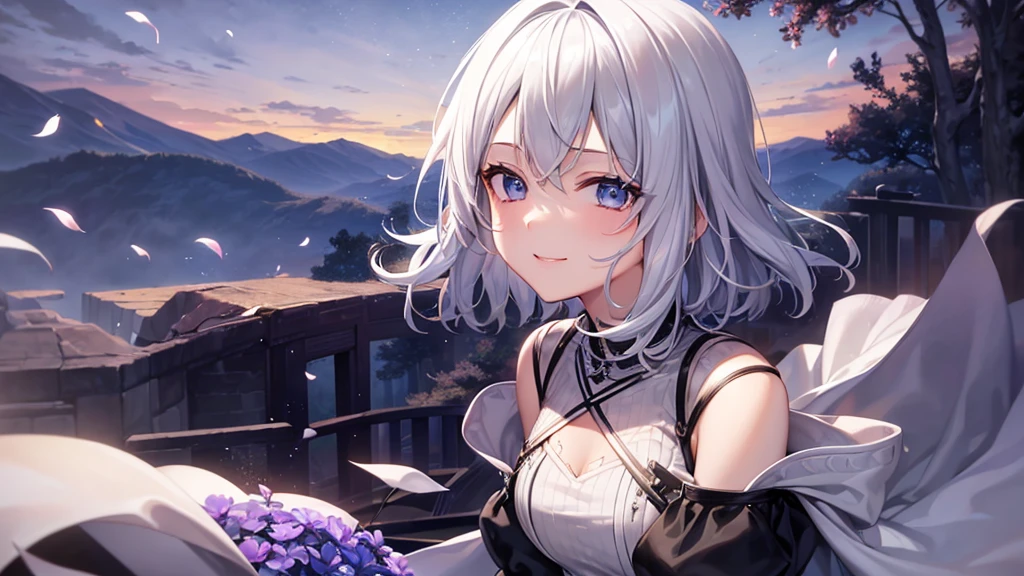Ultra HD,Look at the viewers, Put your hands behind your back, With a girl, 20-year-old, 非常にShort Hair, Long bangs between the eyes, Pale blue eyes, Very detailed,(masterpiece、Highest quality),Gray Hair、Laughter、Fantastic, Silver Hair, Iris, Short hair、 Fluttering Hair、Small Face、明るいsmile、(Detailed face) ,Professional Lighting,Wonderful landscape,blue sky, sunlight,Looking down from above,Portraiture、Open your mouth、Flower Field、Her eyes were shining、Mysterious and enchanting atmosphere。With AI Painting、とてもShort Hair, Long bangs between the eyes, Very detailed,(masterpiece、Highest quality)、alone、Gray Hair、Fantasy, Silver Hair, Fantasyな風景、smile、Open your mouth、short hair、Short Hair、hairpin、black eye、Grey Eyes、Beautiful Eyes、White shirt、Jacket、White scarf