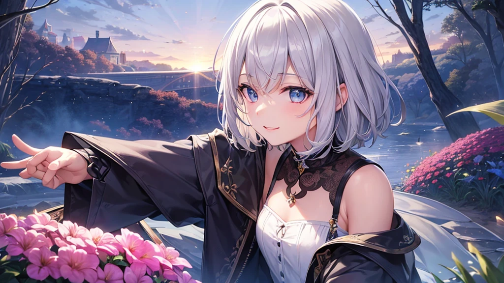 Ultra HD,Look at the viewers, Put your hands behind your back, With a girl, 20-year-old, 非常にShort Hair, Long bangs between the eyes, Pale blue eyes,  Very detailed,(masterpiece、Highest quality),Gray Hair、Laughter、Fantastic, Silver Hair, Iris,  Short hair、 Fluttering Hair、Small Face、明るいsmile、(Detailed face) ,Professional Lighting,Wonderful landscape,blue sky, sunlight,Looking down from above,Portraiture、Open your mouth、Flower Field、Her eyes were shining、Mysterious and enchanting atmosphere。With AI Painting、とてもShort Hair, Long bangs between the eyes, Very detailed,(masterpiece、Highest quality)、alone、Gray Hair、Fantasy, Silver Hair, Fantasyな風景、smile、Open your mouth、short hair、Short Hair、hairpin、black eye、Grey Eyes、Beautiful Eyes、White shirt、Jacket、White scarf