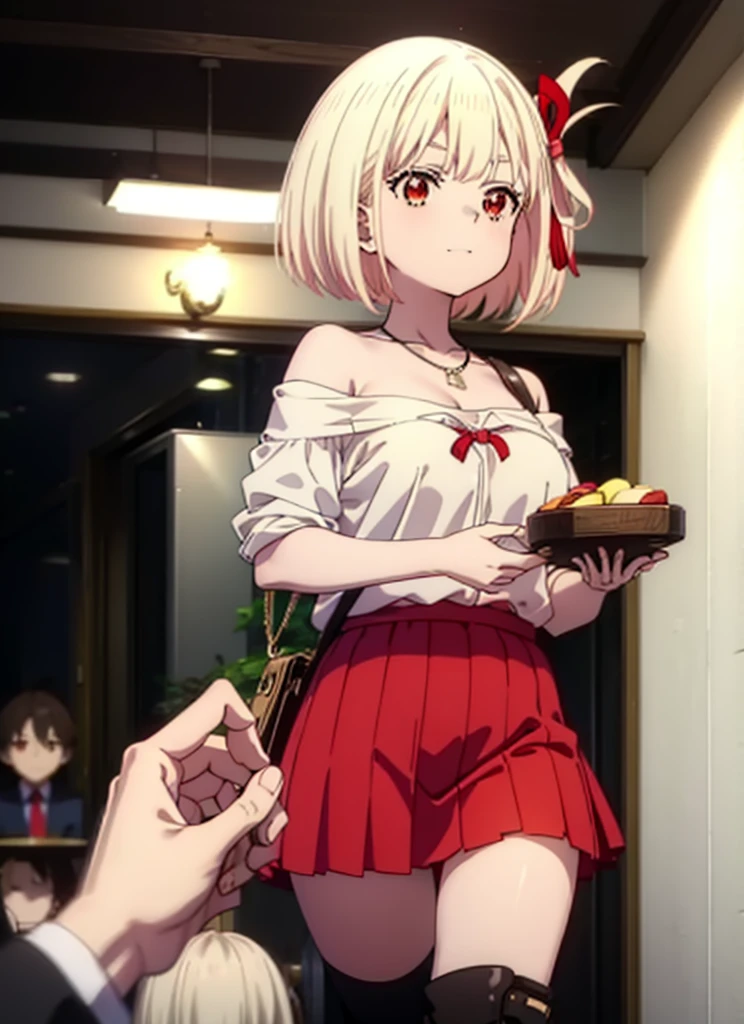 Chisato Nishikigi, short hair, bangs, Blonde, (Red eyes:1.5), hair ribbon, One side up, Bobcut,happy smile, smile, Open your mouth,Heart-shaped necklace,Bare neck,Bare shoulders,bare clavicle,Red off-shoulder sweater,mini skirt,Black pantyhose,short boots,There is food on the table,トレイ in one hand,Chair,Walking,whole bodyがイラストに入るように,
break indoors,School,canteen,
break looking at viewer, whole body,
break (masterpiece:1.2), Highest quality, High resolution, unity 8k wallpaper, (figure:0.8), (Beautiful attention to detail:1.6), Highly detailed face, Perfect lighting, Highly detailed CG, (Perfect hands, Perfect Anatomy),