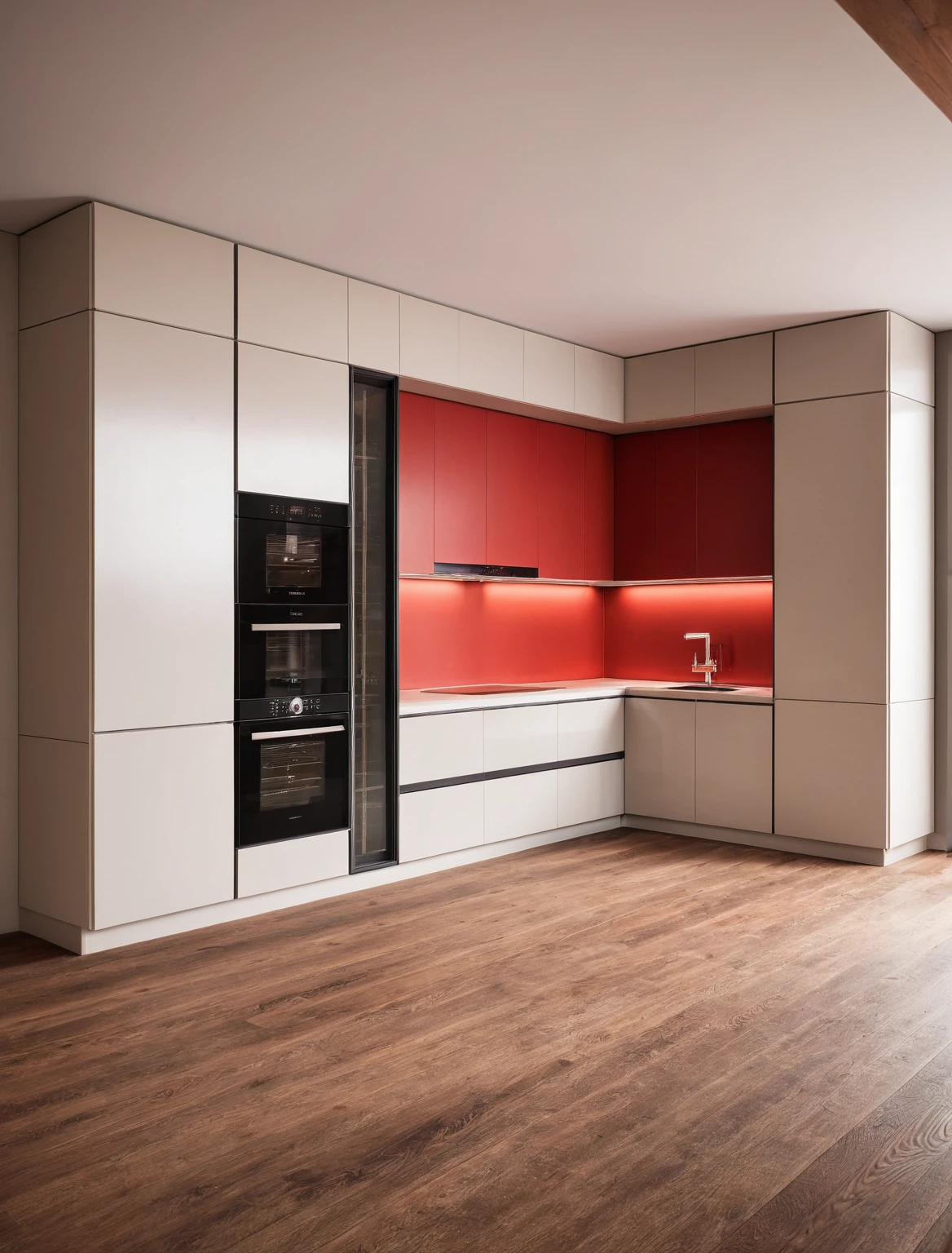 Raw photo,Masterpiece, high quality, best quality, authentic, super detail, interior , sunset, daylight, Kitchen Cabinets style modern, Induction cooker, sink, faucet, oven, built-in microwave, wooden floor, hood, wine cabinet, ((red tones))