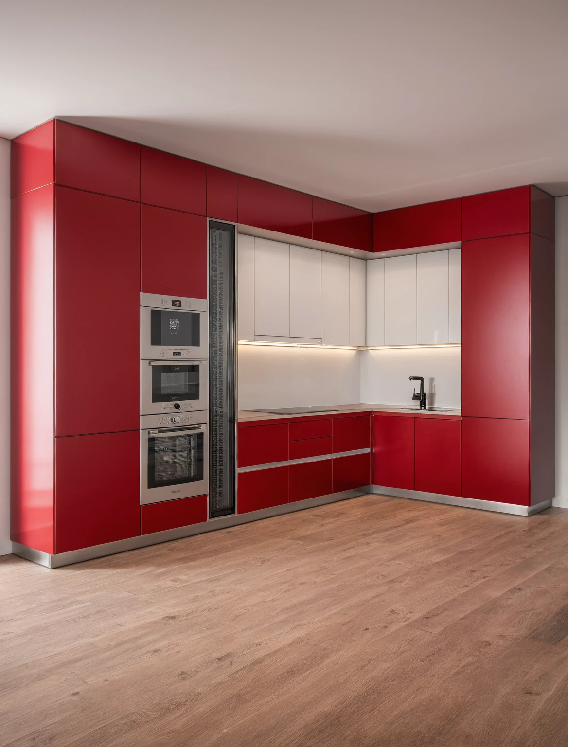 Raw photo,Masterpiece, high quality, best quality, authentic, super detail, interior , sunset, daylight, Kitchen Cabinets style modern, Induction cooker, sink, faucet, oven, built-in microwave, wooden floor, hood, wine cabinet, ((red tones))