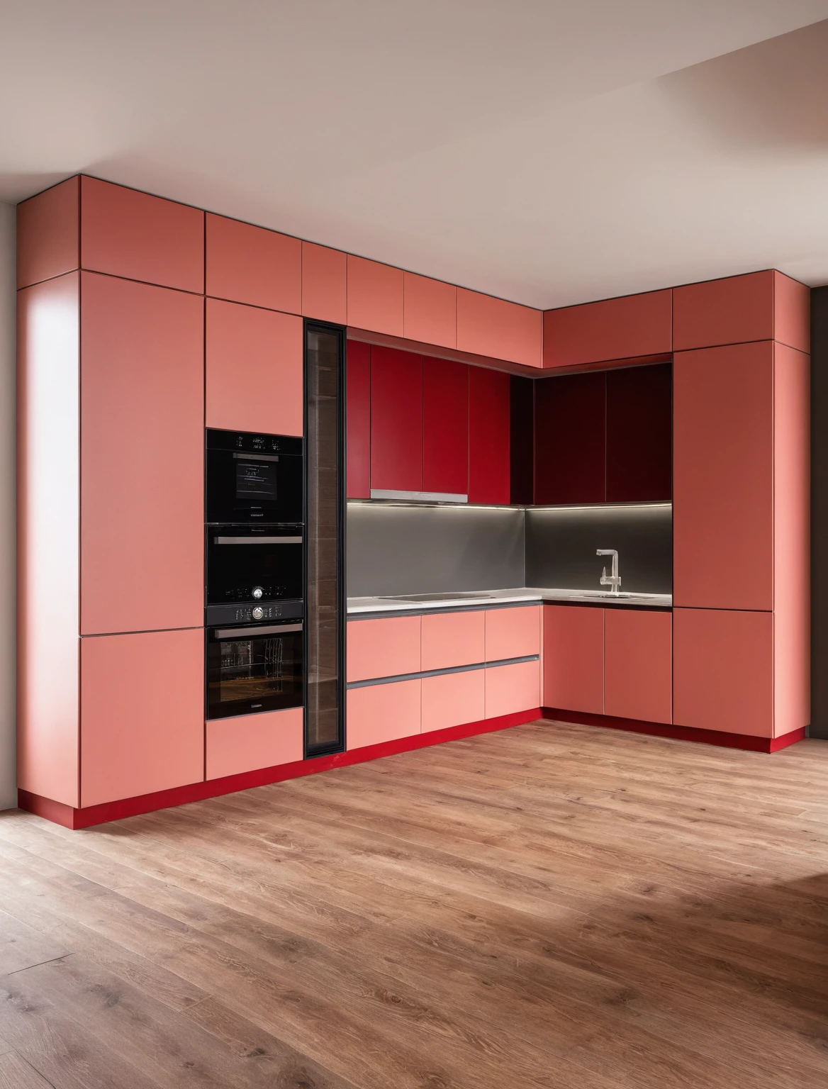 Raw photo,Masterpiece, high quality, best quality, authentic, super detail, interior , sunset, daylight, Kitchen Cabinets style modern, Induction cooker, sink, faucet, oven, built-in microwave, wooden floor, hood, wine cabinet, ((red tones))