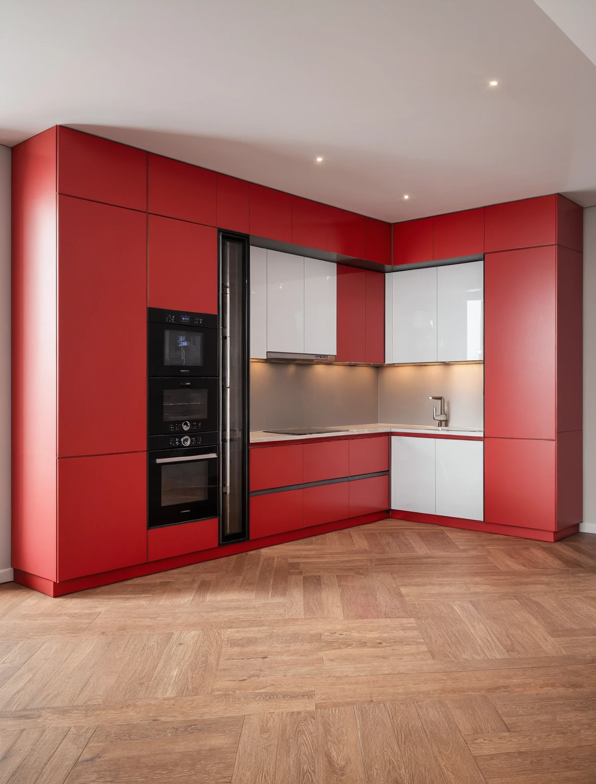 Raw photo,Masterpiece, high quality, best quality, authentic, super detail, interior , sunset, daylight, Kitchen Cabinets style modern, Induction cooker, sink, faucet, oven, built-in microwave, wooden floor, hood, wine cabinet, ((red tones))